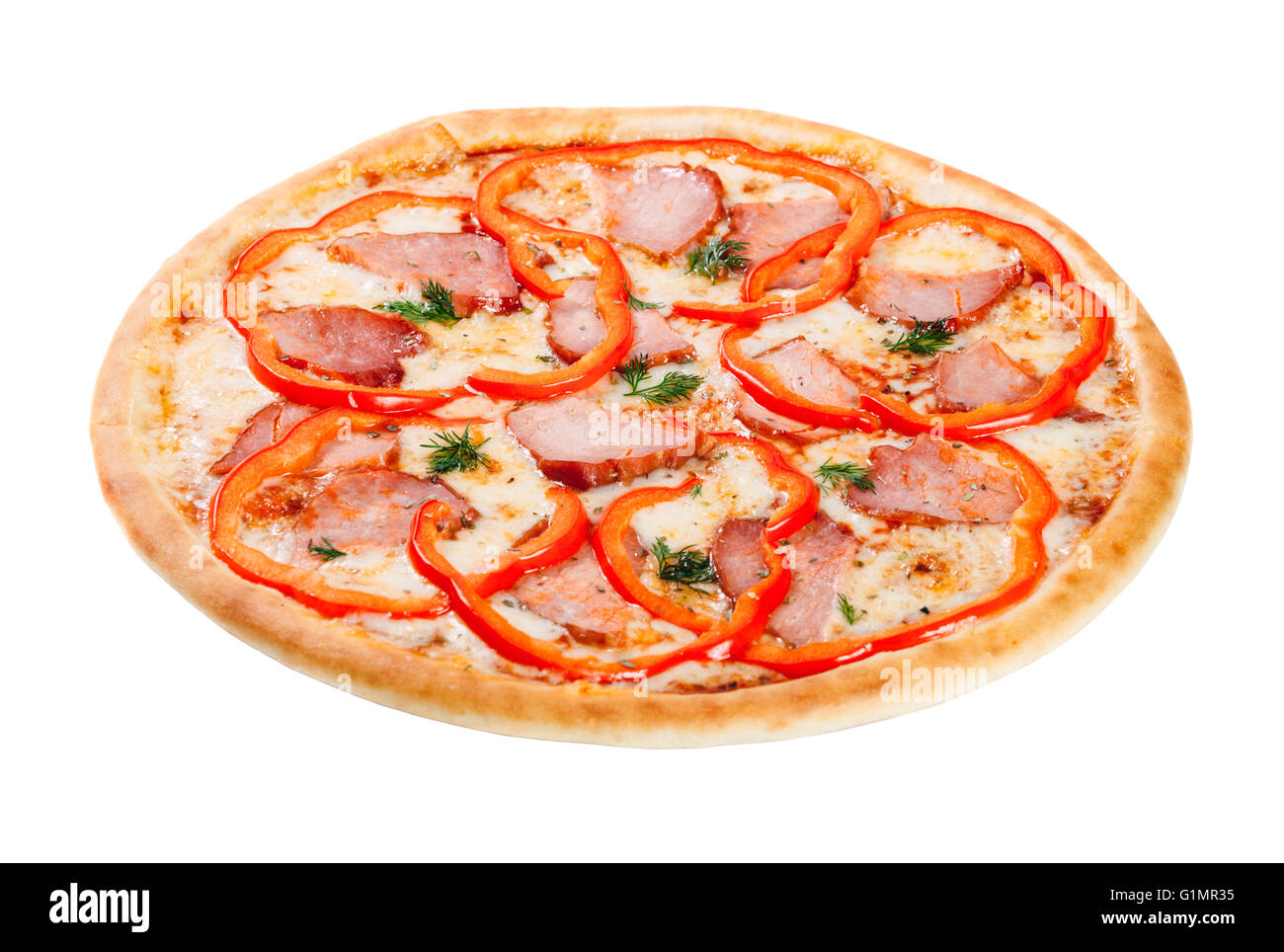 Pizza mit Schinken und Paprika isoliert auf weißem Hintergrund Stockfoto