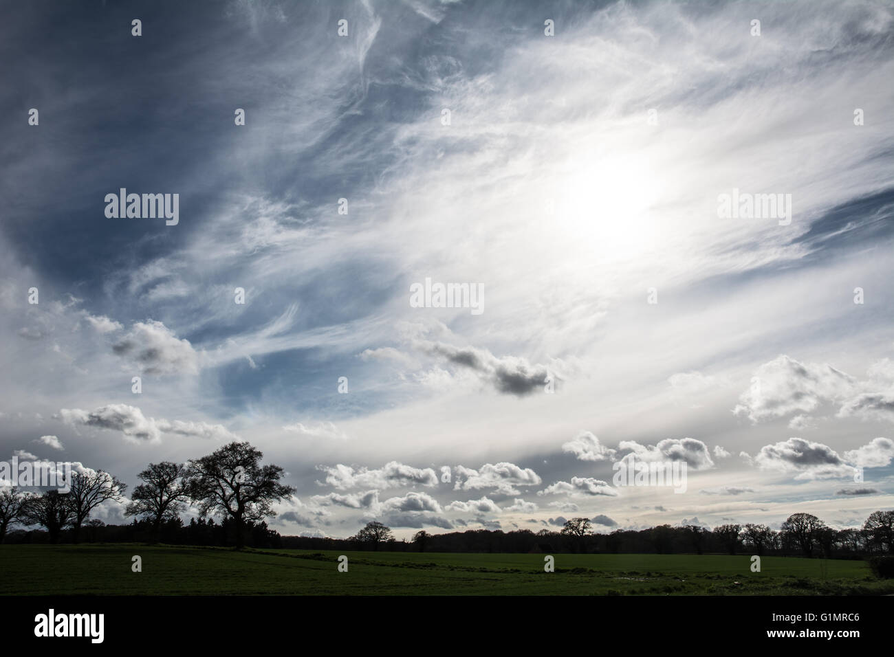 Rollenden Wolken über einen blauen Himmel. Aufgenommen in Norfolk. Stockfoto