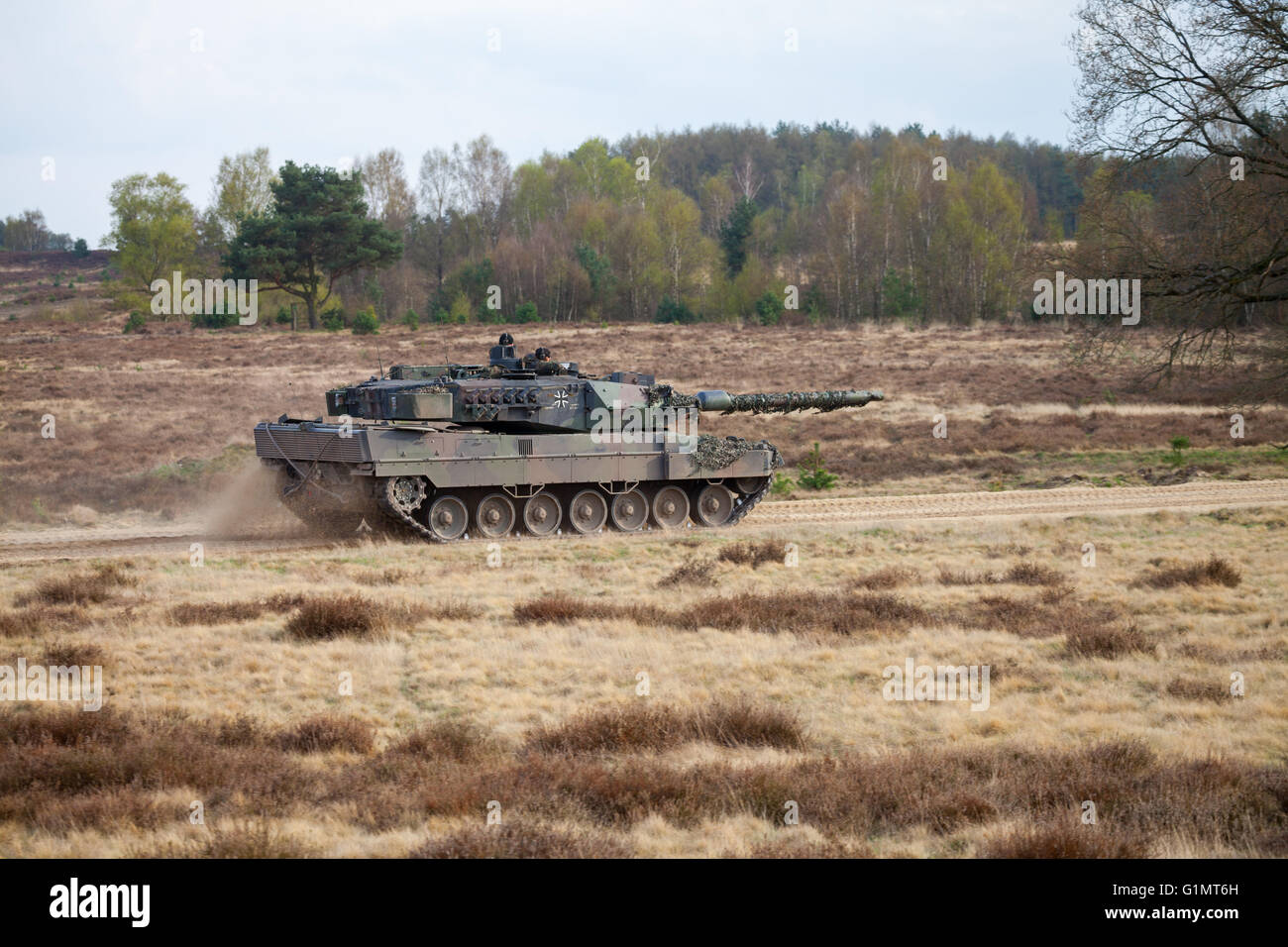 Deutsche Hauptkampf Panzer Leopard 2 6 Laufwerke auf deutsche militärische Übungsgelände Stockfoto