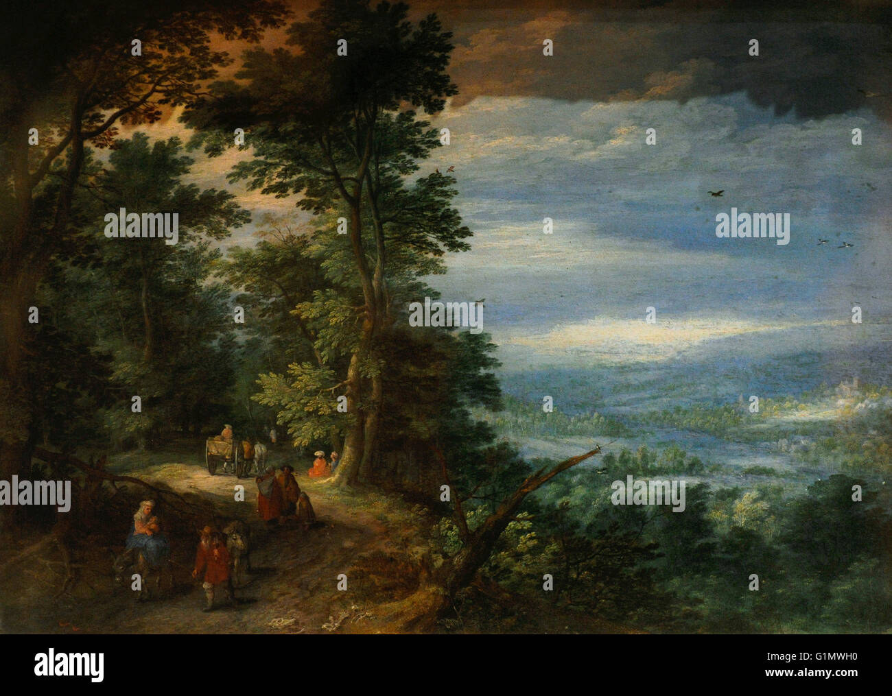 Jan Brueghel dem älteren (1568-1625). Flämischer Maler. Wald-Edger (Flucht nach Ägypten), 1610. Öl auf Kupfer. Die Eremitage. Sankt Petersburg. Russland. Stockfoto