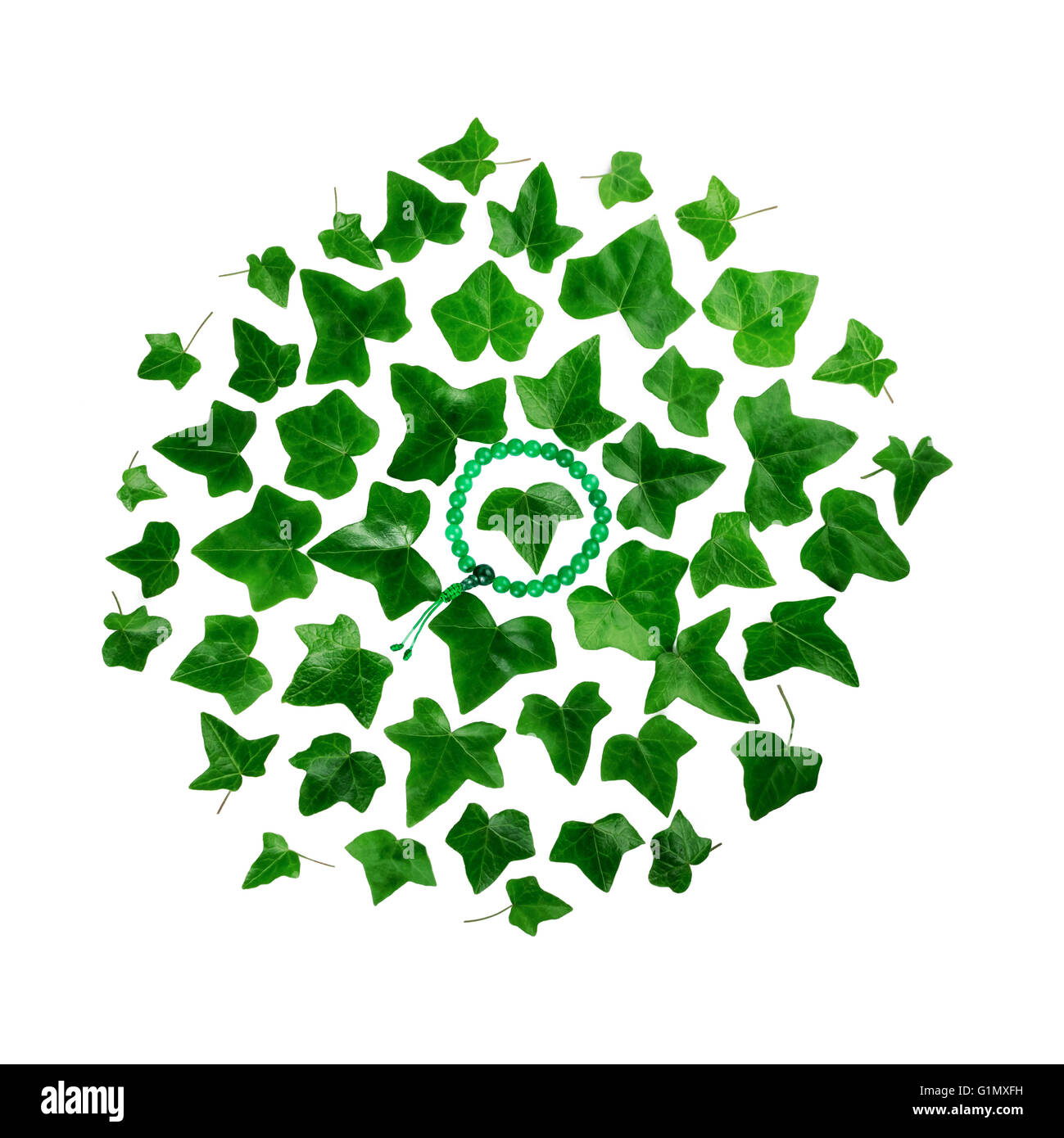 Ornament rund Muster der grünen Blatt Efeu Pflanze mit Mala Perlen Armband isoliert auf weißem Hintergrund. Stockfoto