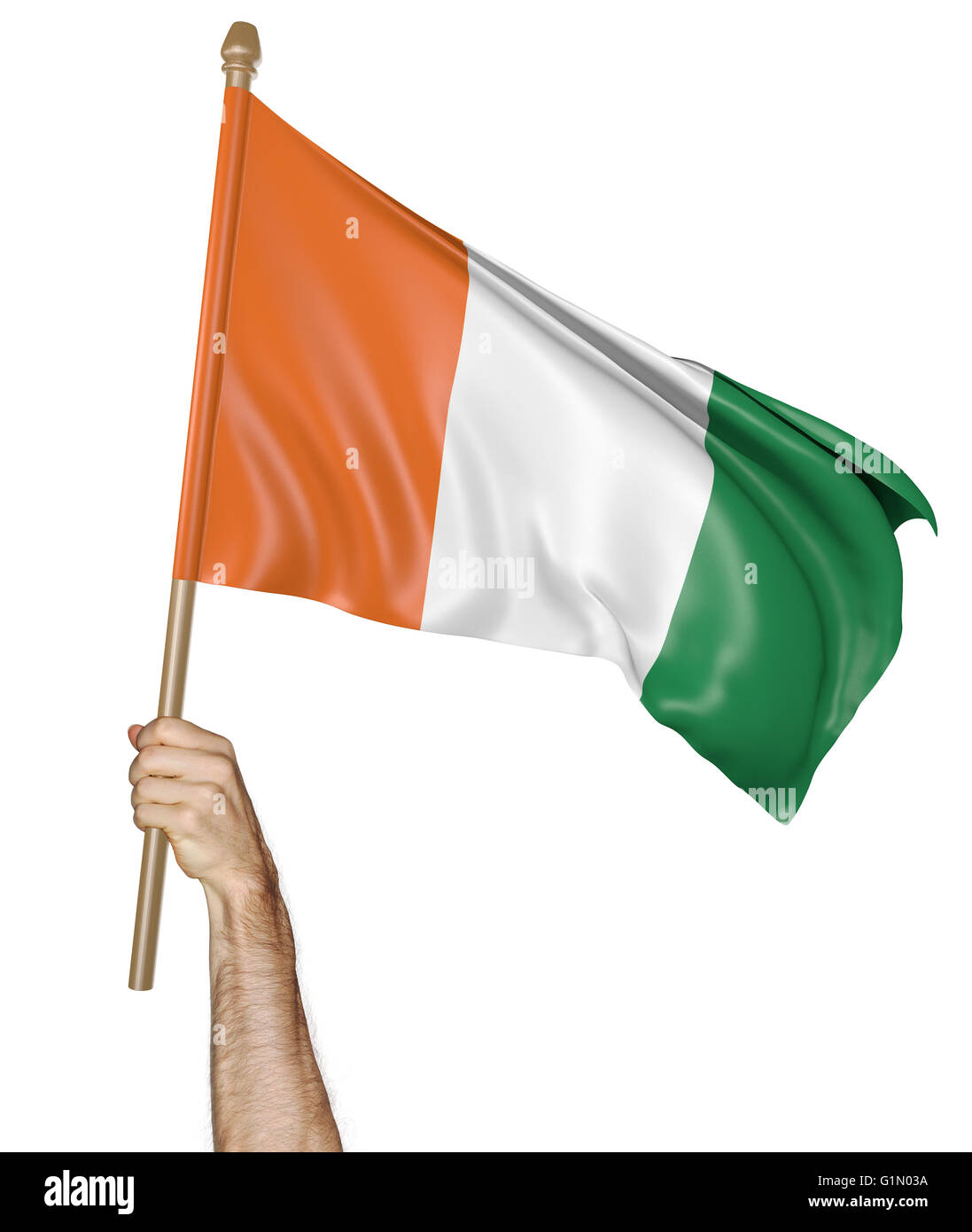 Die Hand stolz schwenkten die Nationalflagge der Côte d ' Ivoire, 3D-Rendering Stockfoto