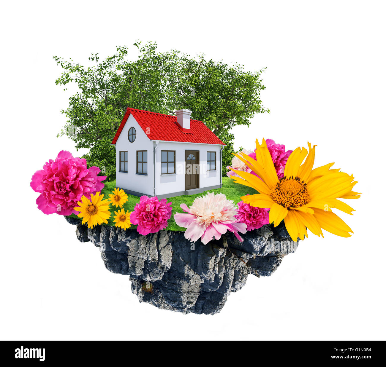 Haus mit Blumen steht auf fliegende Insel Stockfoto