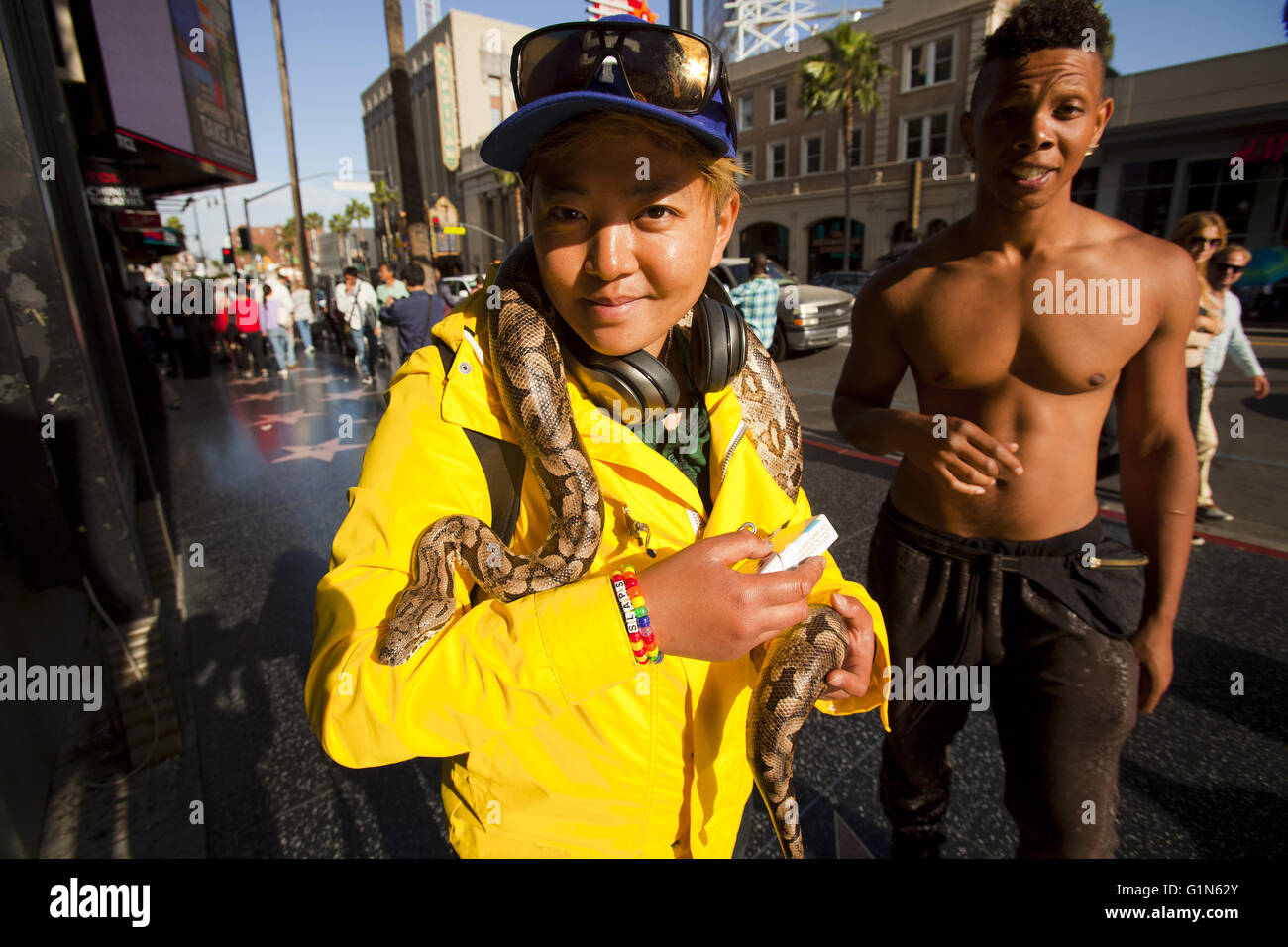 Tourist mit einer Schlange, Hollywood Boulevard, Hollywood, Los Angeles, Kalifornien, USA Stockfoto