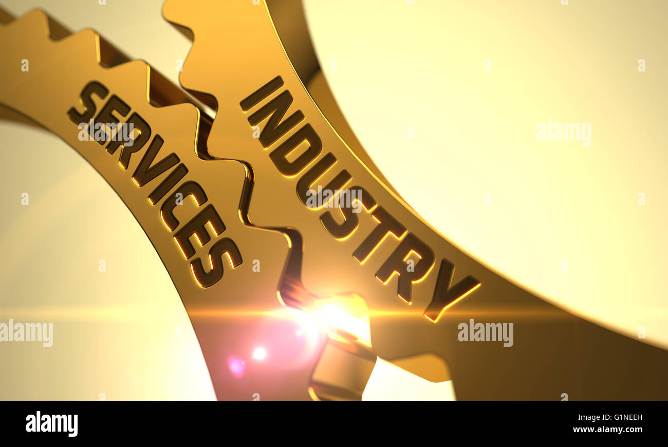 Goldene metallische Zahnräder mit Industrie-Services-Konzept. Stockfoto