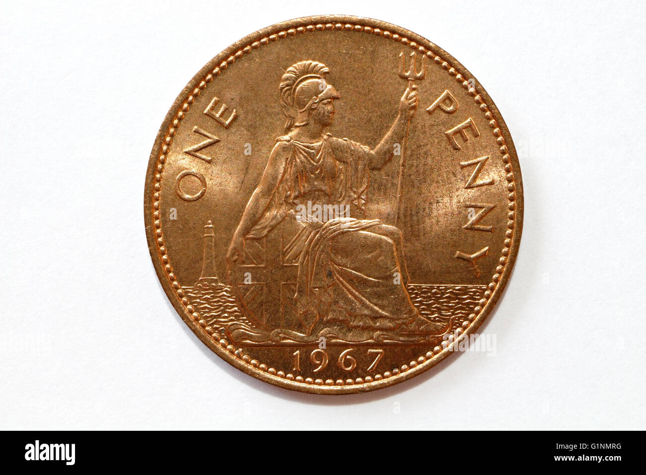 Britische 1967 einen Cent Münze mit Britannia Stockfoto
