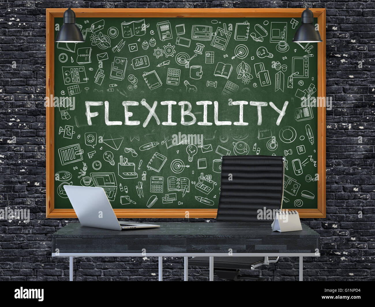 Tafel an der Bürowand mit Flexibilitätskonzept. Stockfoto