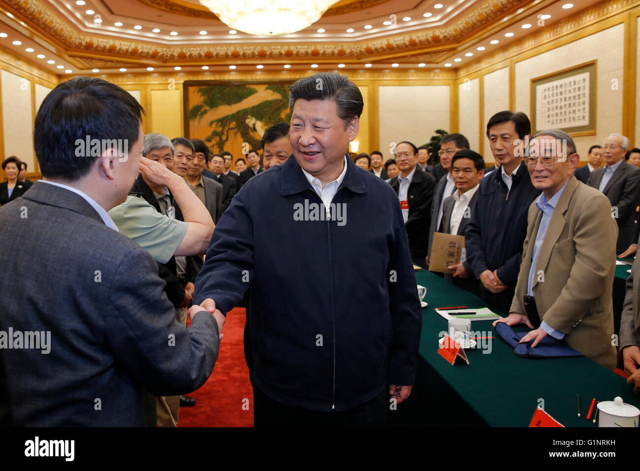 Peking, China. 17. Mai 2016. Chinesischen Staatspräsidenten Xi Jinping (C vorne) im Gespräch mit Experten im Rahmen eines Symposiums diskutieren des Landes Arbeit in Philosophie und Sozialwissenschaften in Peking, Hauptstadt von China, 17. Mai 2016. © Ju Peng/Xinhua/Alamy Live-Nachrichten Stockfoto