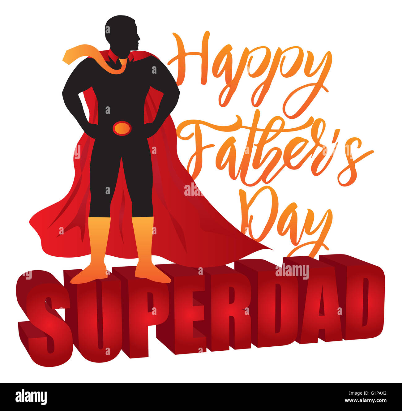 Glückliche Vatertag Super Papa 3D-Text Superhelden Silhouette Umrissfarbe auf weißem Hintergrund Illustration isoliert Stockfoto