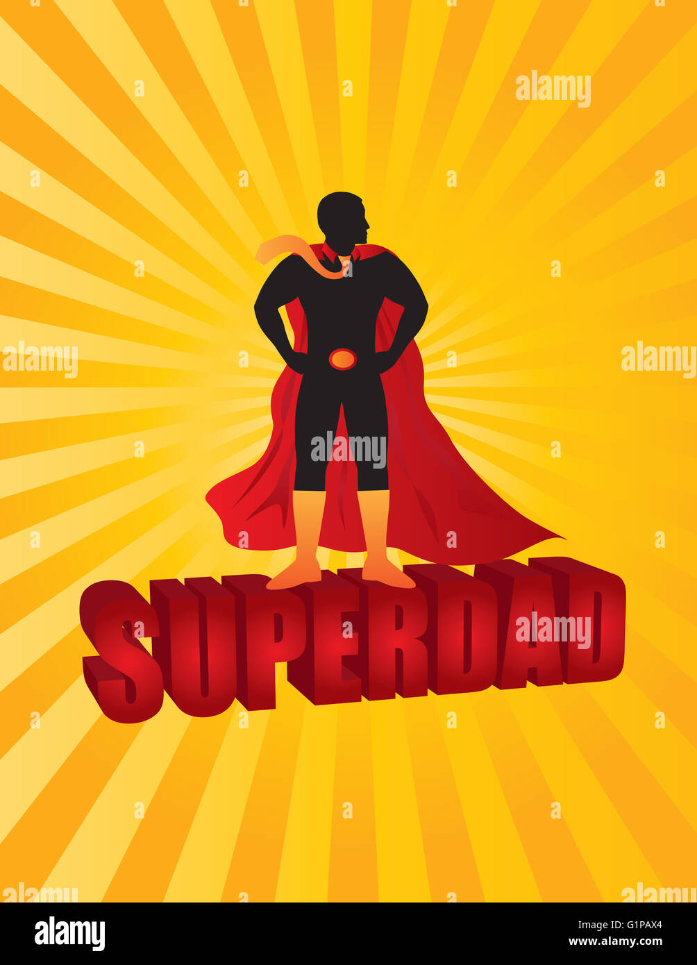 Glückliche Vatertag Super Papa 3D-Text Superhelden Silhouette Umriss Farbe auf Sonnenstrahlen Hintergrund Illustration Stockfoto