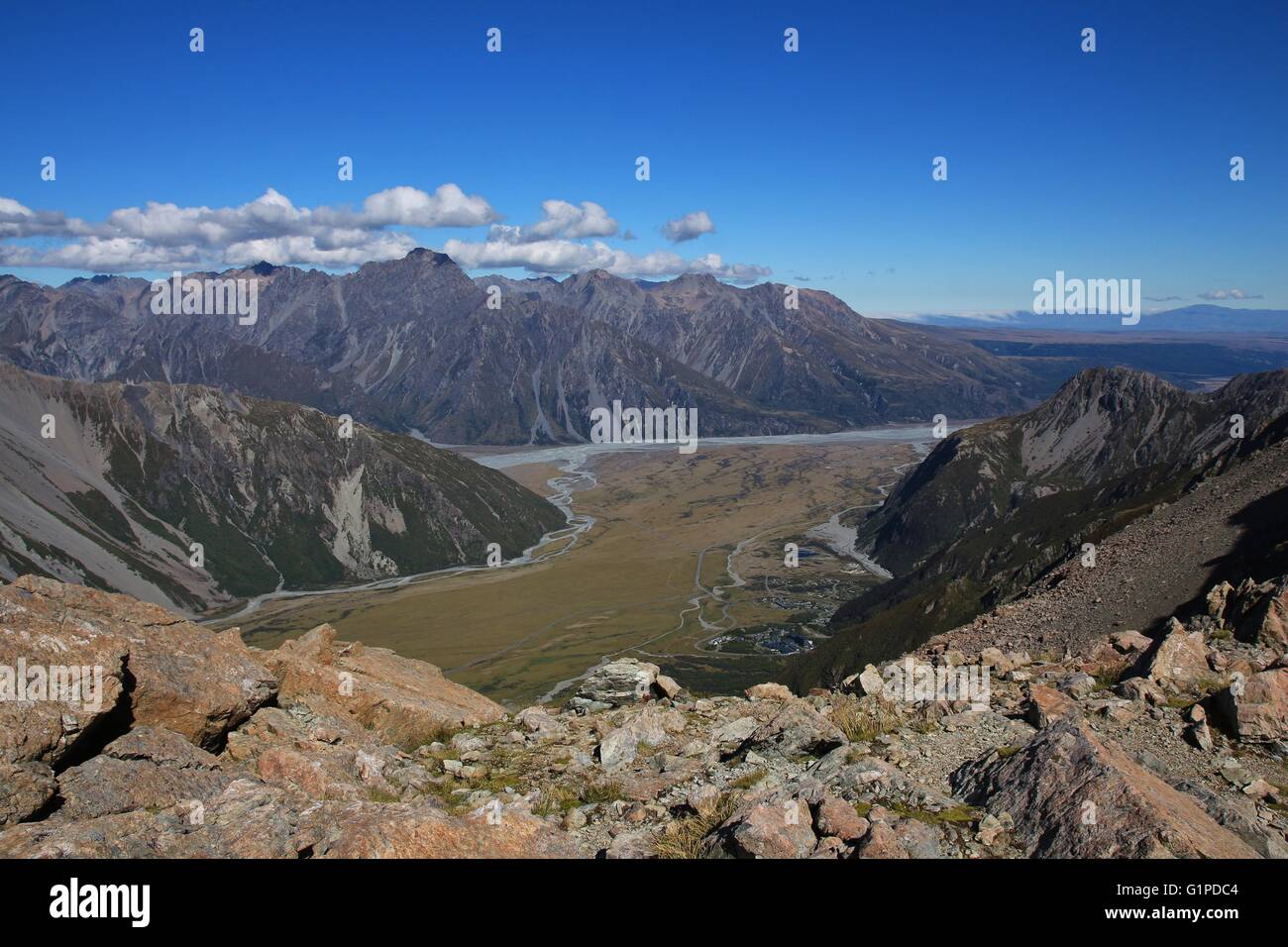 Mount Cook Village. Auf dem Weg zur Hütte Mueller anzeigen. Sealy Bergseen Track. Stockfoto