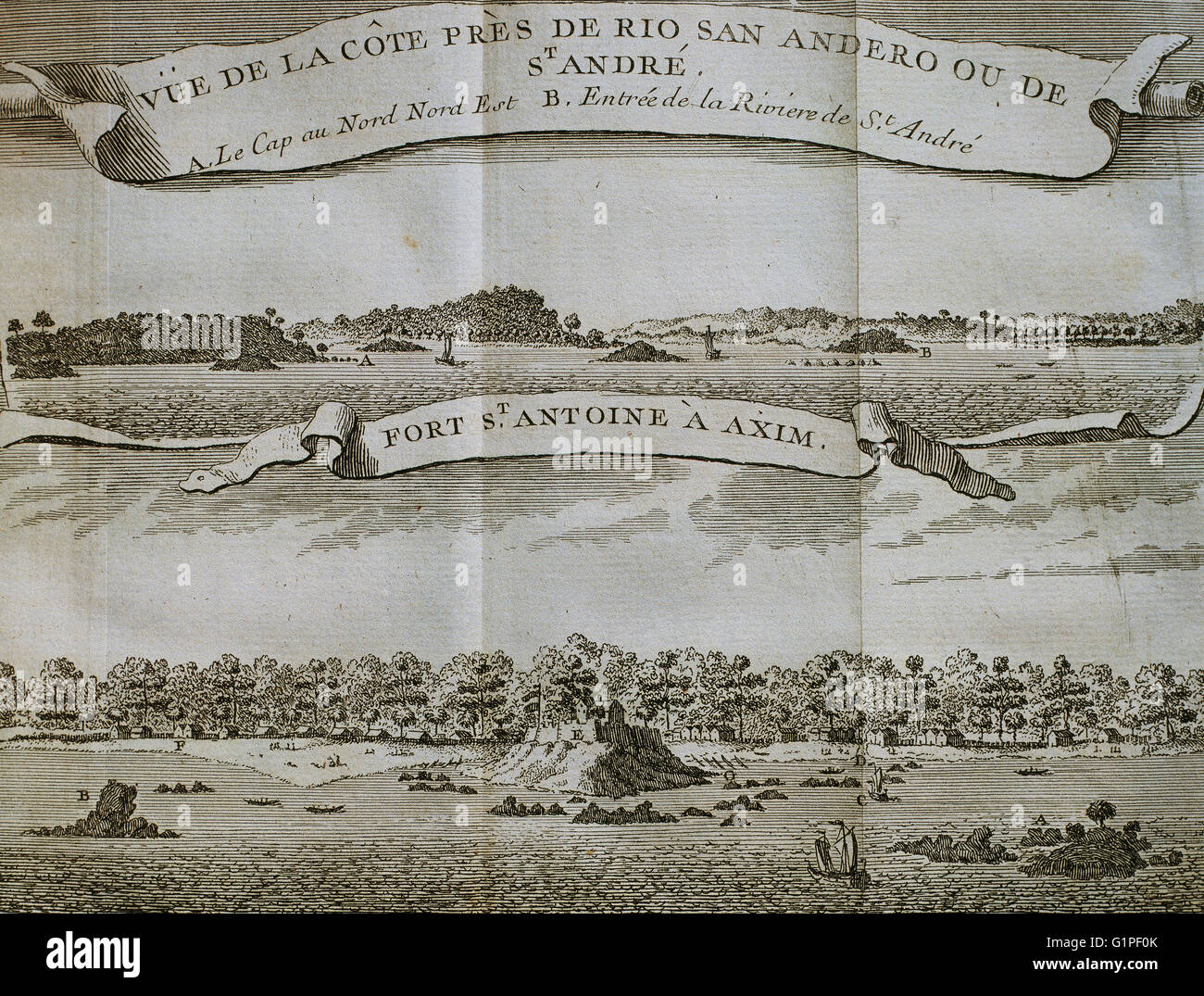 Kolonialismus. Afrika. Niederländische goldene Küste. Blick auf die Küste in der Nähe von Saint Andrew River und Fort Santo Antonio, 16. Jahrhundert, in Axim. Für die Portugiesen gefangen genommen und später von den Briten besetzt. Zeichnung von William Smith, 1726. Gravur Stockfoto