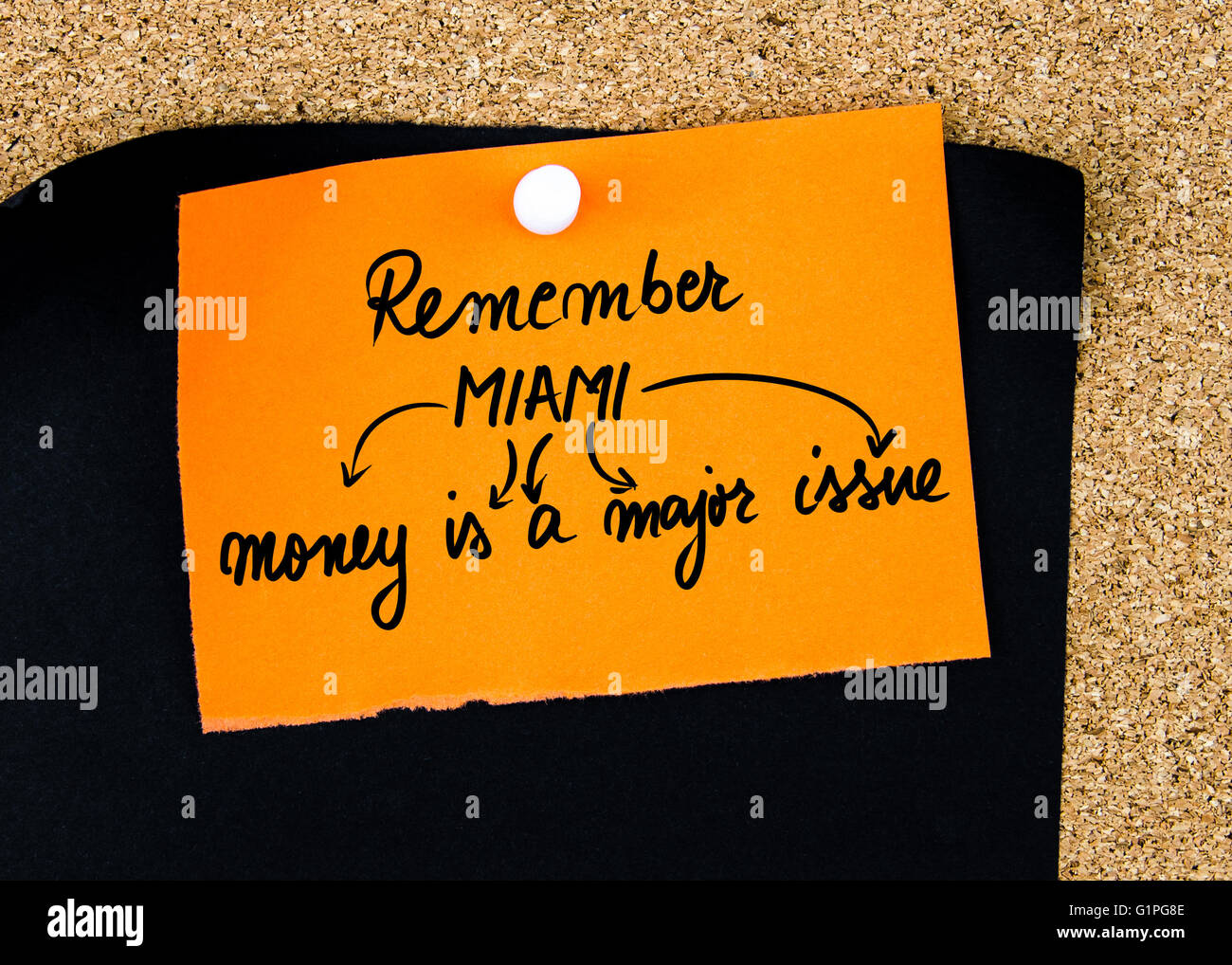 Geschäft Akronym MIAMI als Geld ist ein wichtiges Thema geschrieben am orange Papier-Schuldbrief angeheftet auf Pinnwand mit weißen Reißzwecken textfreiraum verfügbar Stockfoto