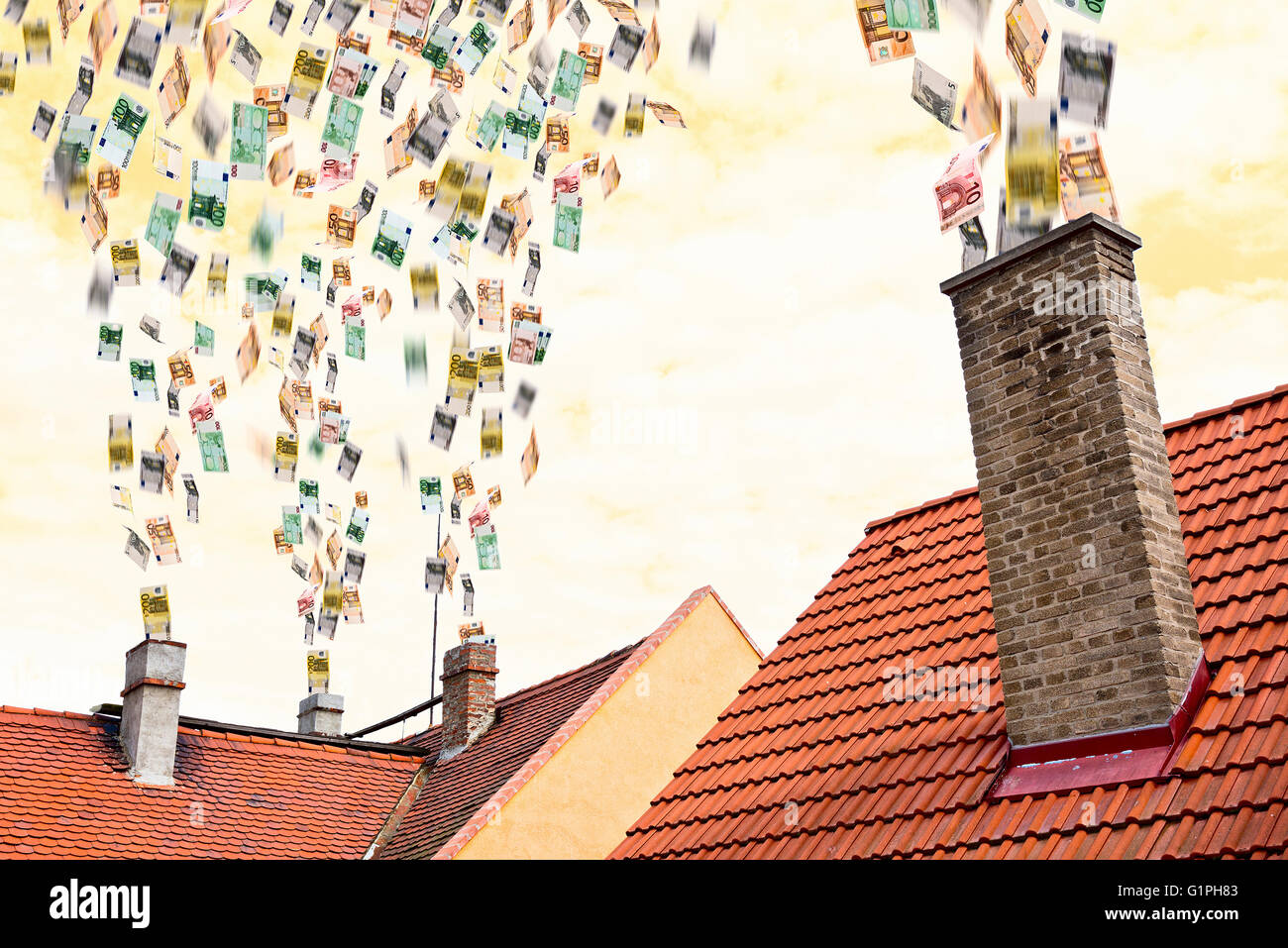 eine Menge Euro Geld fliegt die Schornsteine Stockfoto