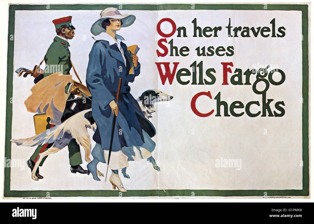 AD: WELLS FARGO, c1917.  Amerikanische Werbung für Wells Fargo Reiseschecks. Lithographie, c1917. Stockfoto