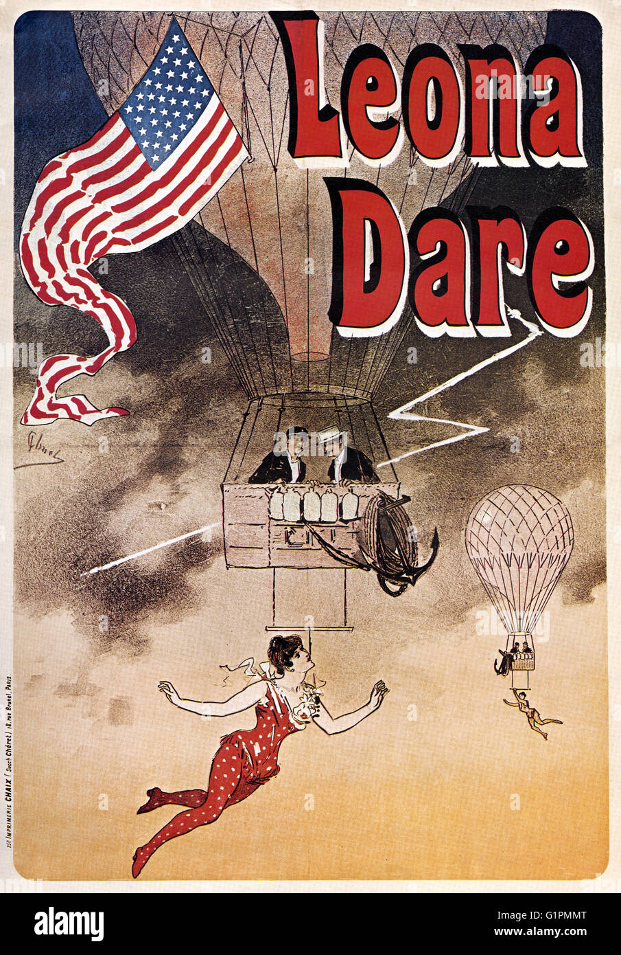Plakat: LEONA DARE, c1895.  Französisches Plakat Werbung Trapezkünstler, Leona Dare aus einem Heißluftballon angehalten. Lithographie von Jules Cheret, c1895. Stockfoto