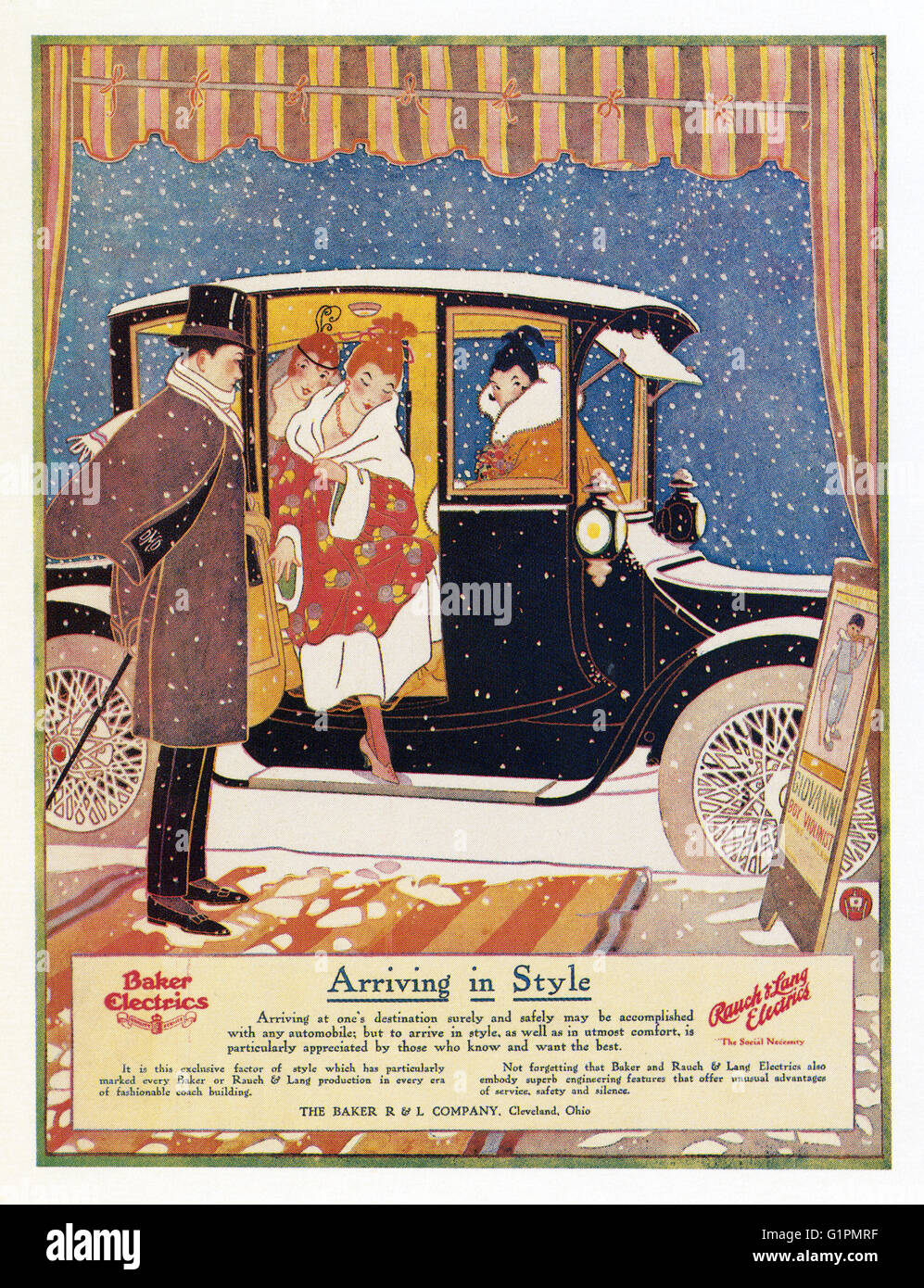 AD: ELEKTROAUTO, 1916.  Amerikanische Werbung für Bäcker und Rauch & Lang Elektrofahrzeuge, 1916. Stockfoto