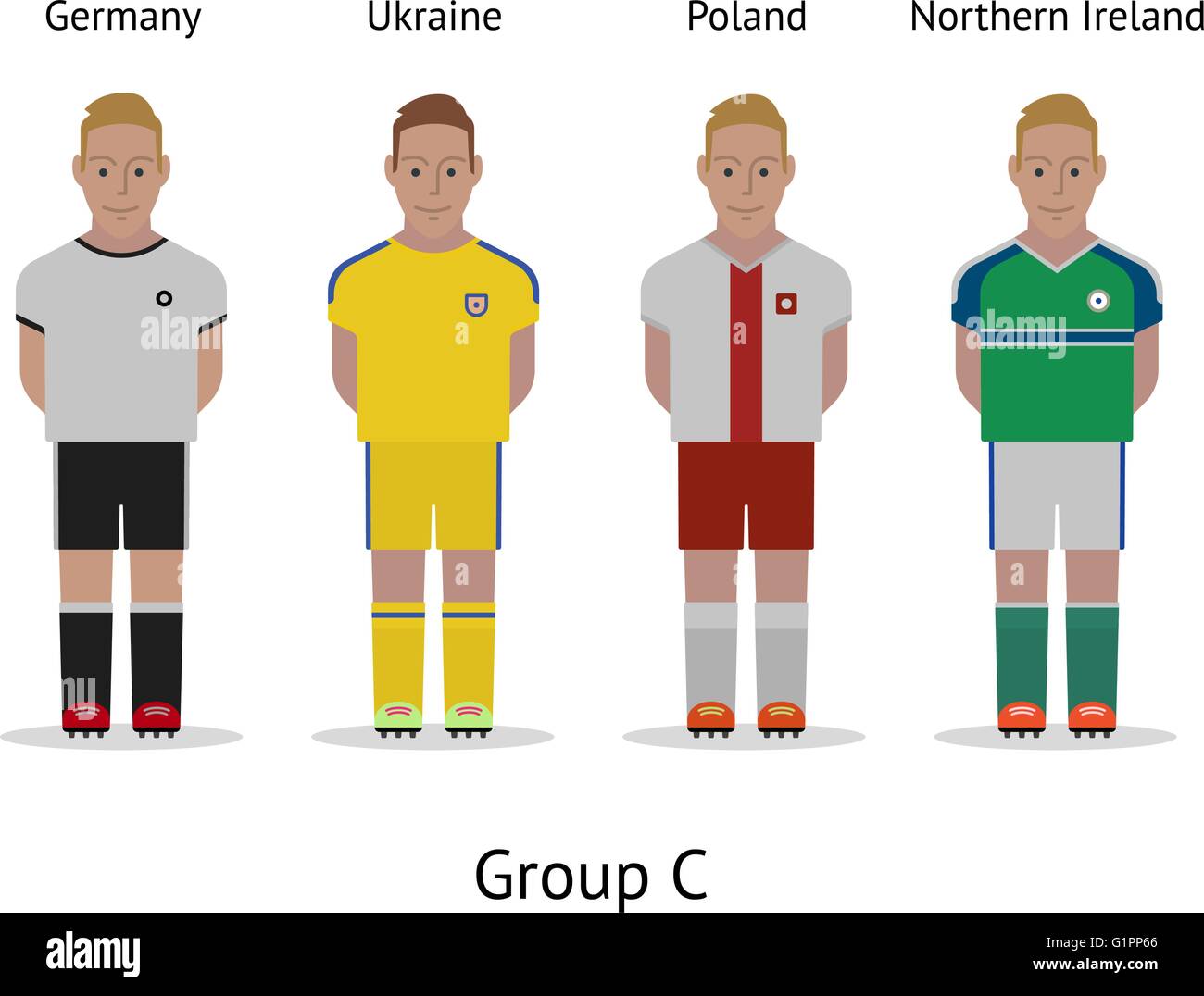 Spieler-Kit. Fußball-Europameisterschaft in Frankreich 2016. Gruppe C - Deutschland, Ukraine, Polen, Nordirland Stock Vektor