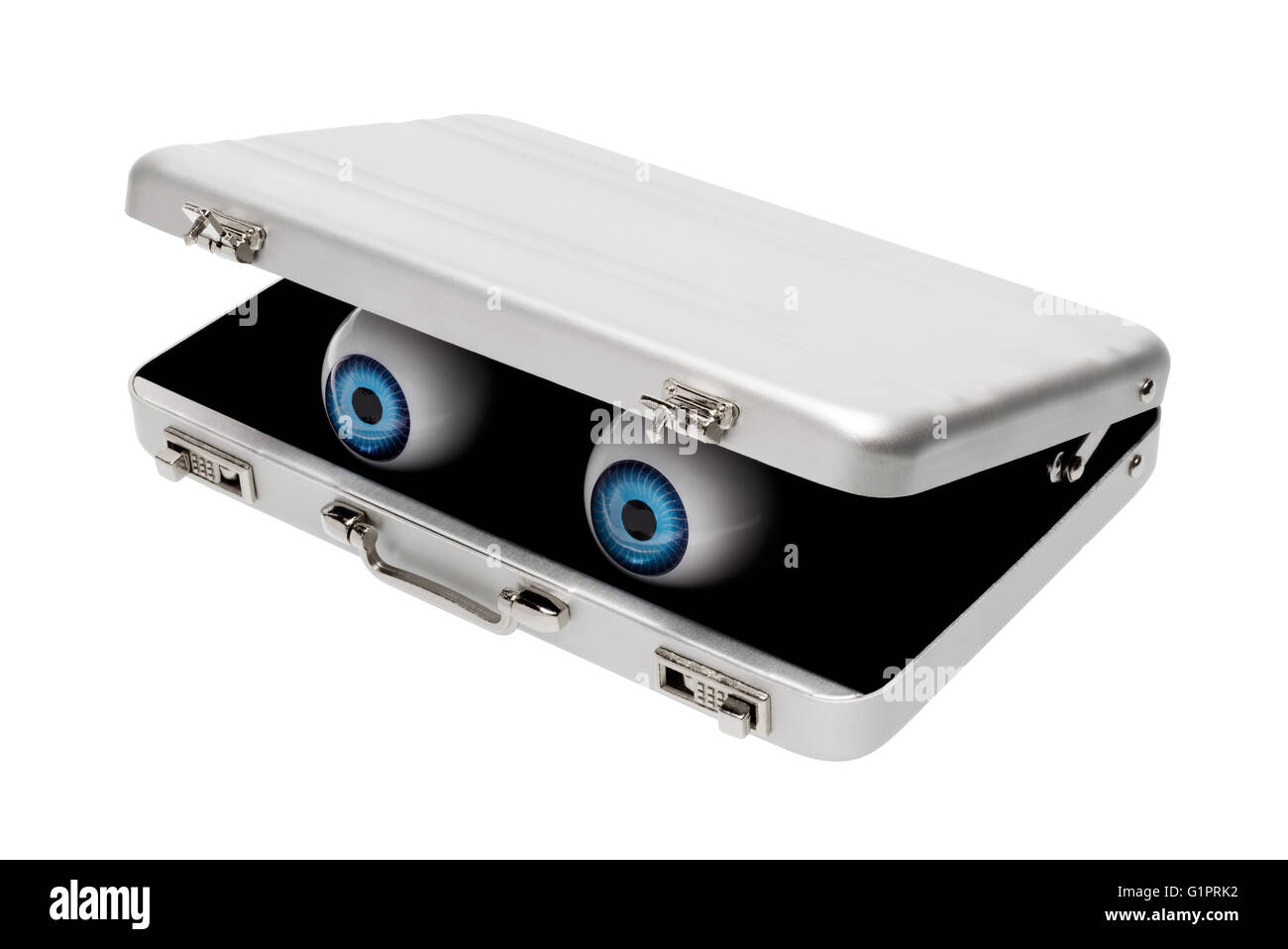 Isolierte Objekte: paar blaue Augen Blick aus Aluminium-Aktenkoffer, auf weißem Hintergrund Stockfoto