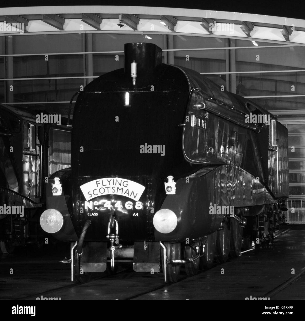 Die große Versammlung zur Fortbewegung Shildon Februar 2014 4468 STOCKENTE mit FLYING SCOTSMAN Kopfteil in schwarz / weiß Stockfoto