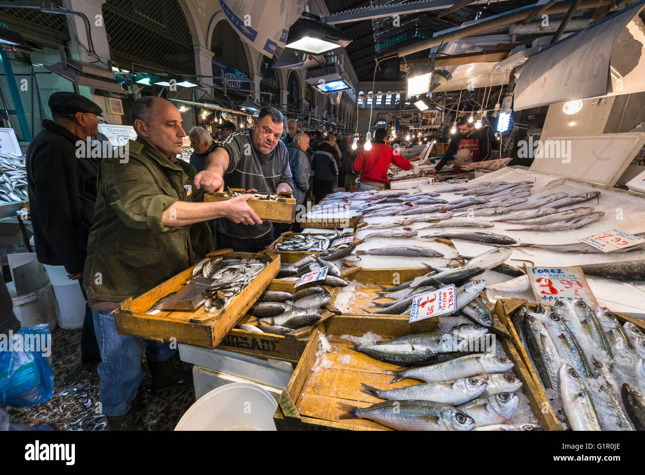 Eine Vielzahl von Meeresfrüchte gibt es in der zentralen Fischmarkt auf Athinas Street, im Zentrum von Athen, Griechenland Stockfoto