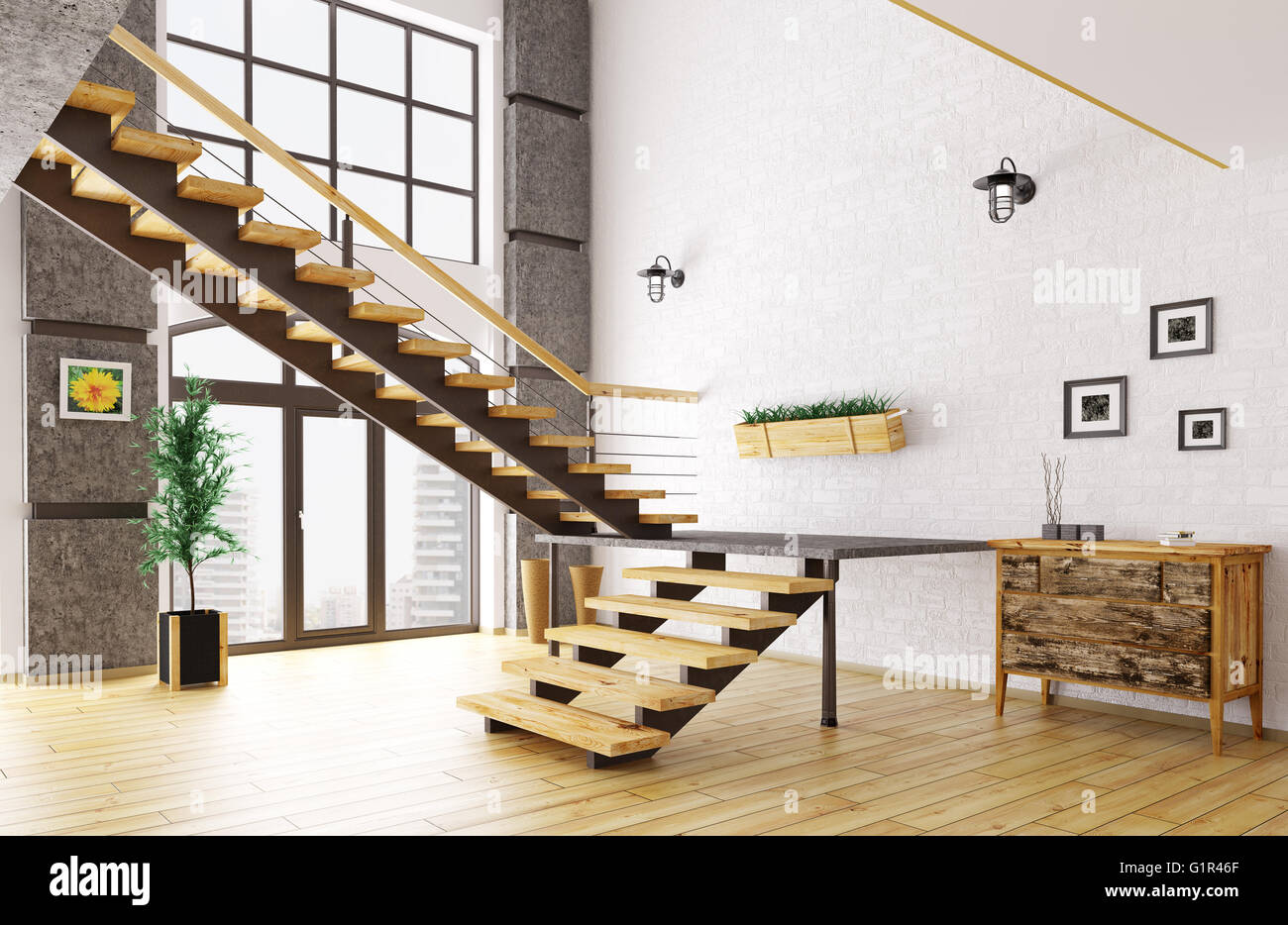 Moderne Halle mit Treppe Interior 3D Rendering Stockfoto