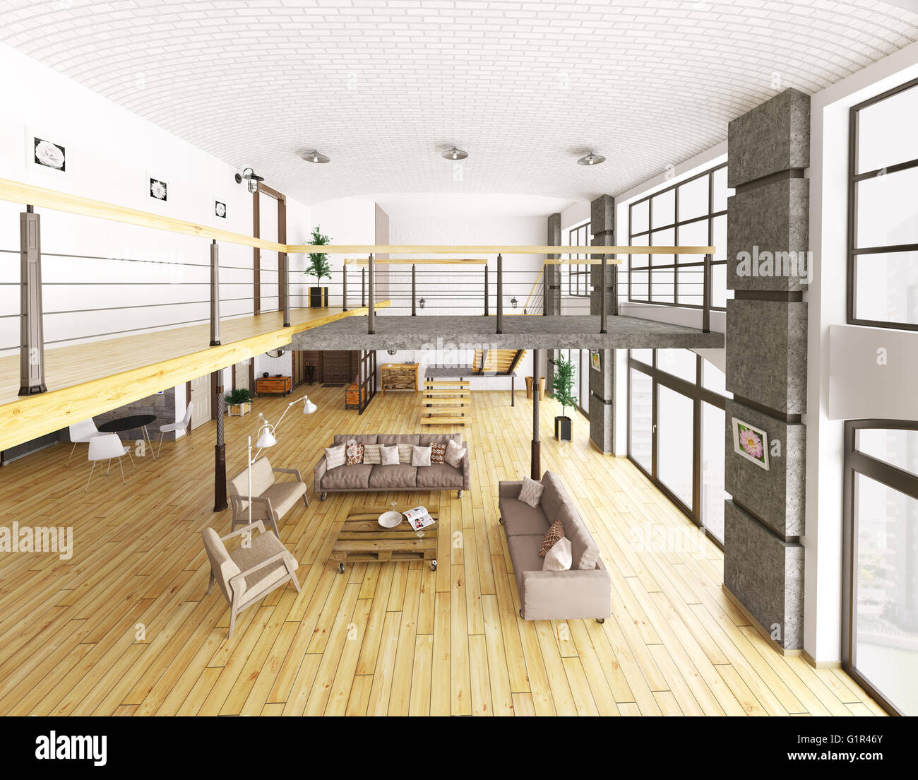 Loft Apartment Innenraum, Wohnzimmer, Flur, Treppenhaus Top View 3D-Rendering Stockfoto