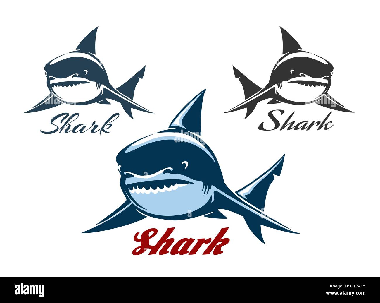 Große Haie-Logo-Set. Tier Jäger-Emblem, Unternehmensbranding Bilder mit Textbeispiele. Isoliert auf weiss. Stock Vektor