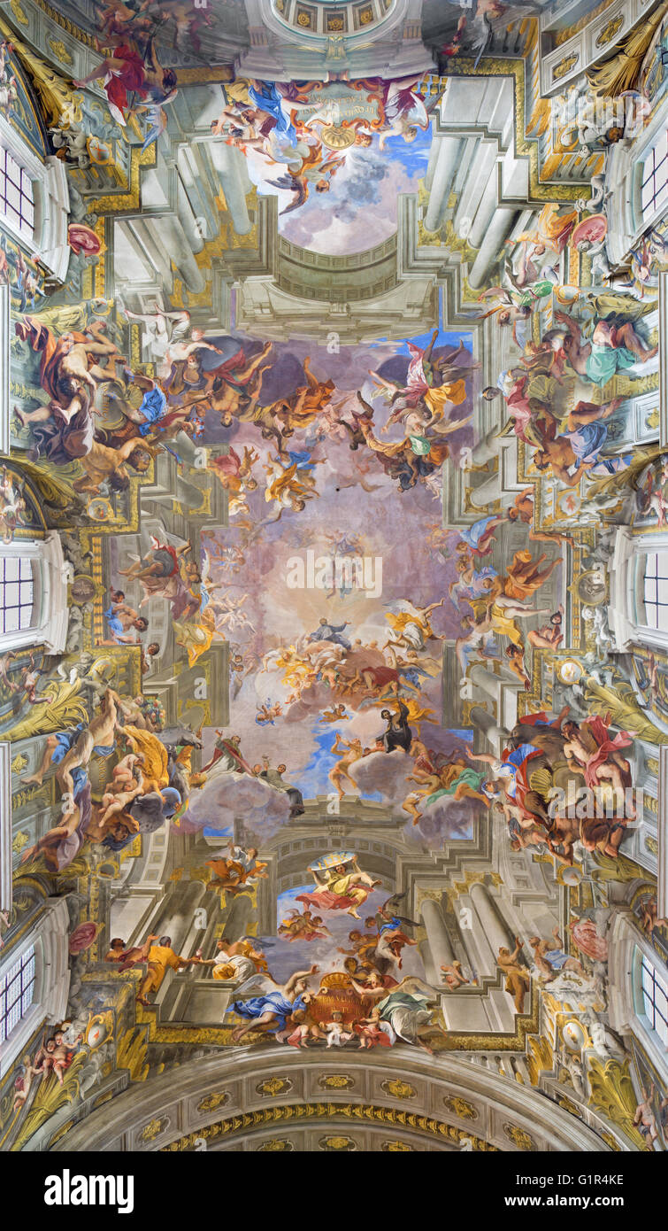 Rom - 10. März 2016: Das Gewölbe barocken Fresko die Apotheose von Str. Ignatius von Frater Jesuiten Andrea Pozzo (1685) Stockfoto