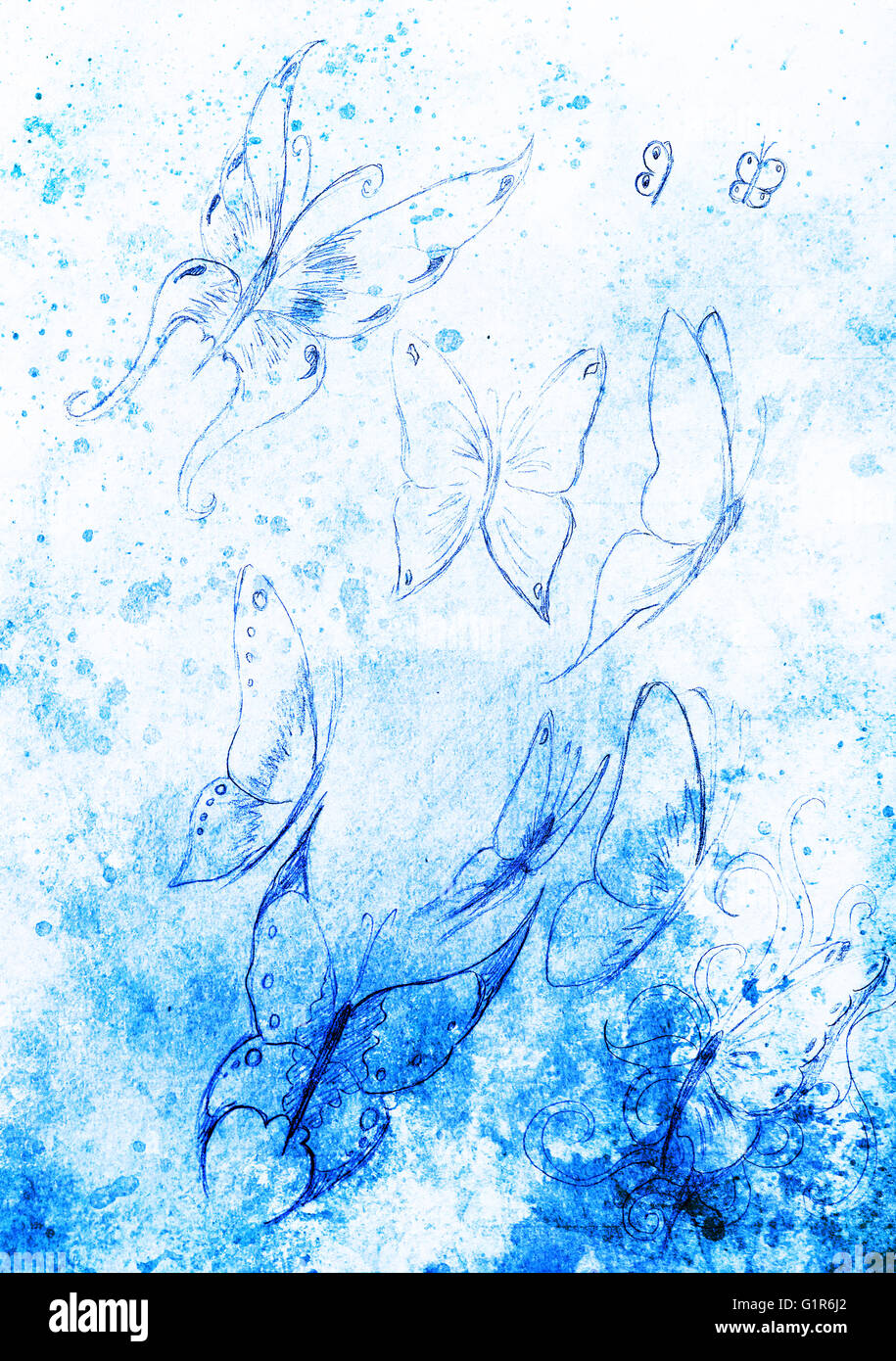 Zeichnung des Schmetterlings. Computer-Collage und Farbe Struktur. Stockfoto