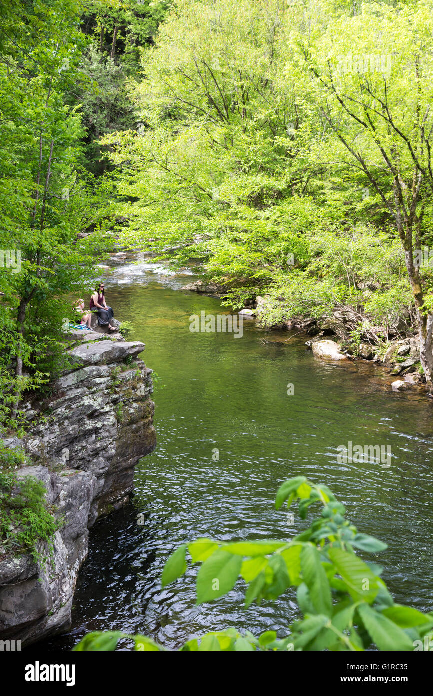 Great-Smoky-Mountains-Nationalpark, Tennessee - Menschen sitzen auf den Felsen über dem kleinen Fluss. Stockfoto