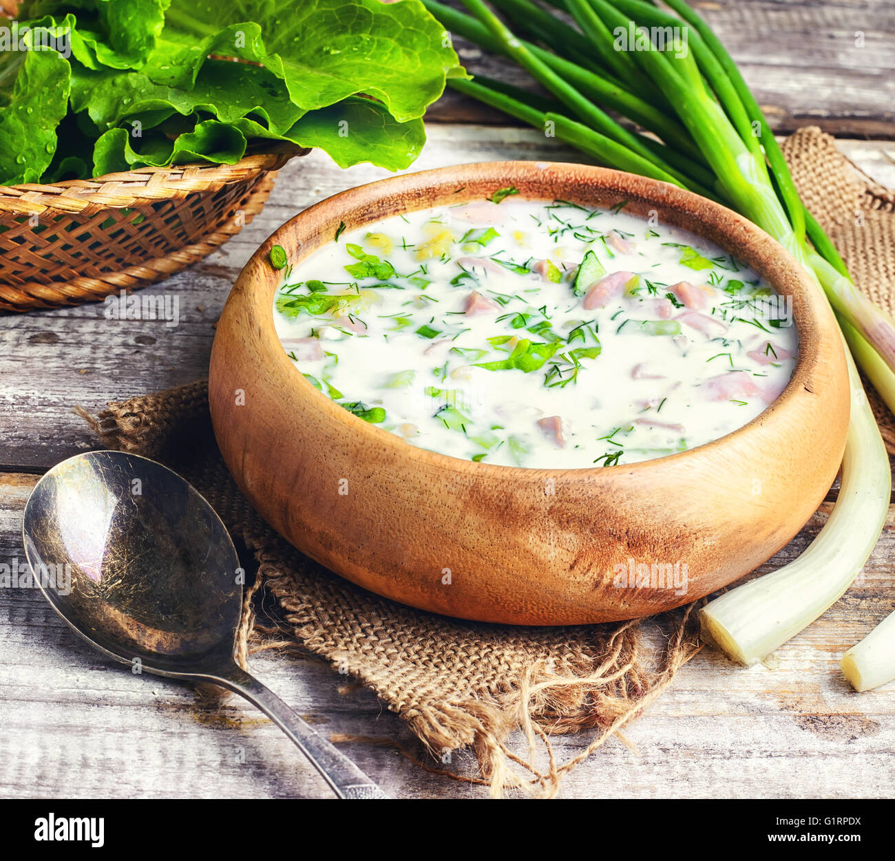 Okroschka, eine kalte Sommer Suppe aus frischem Gemüse, Fleisch und Joghurt Stockfoto