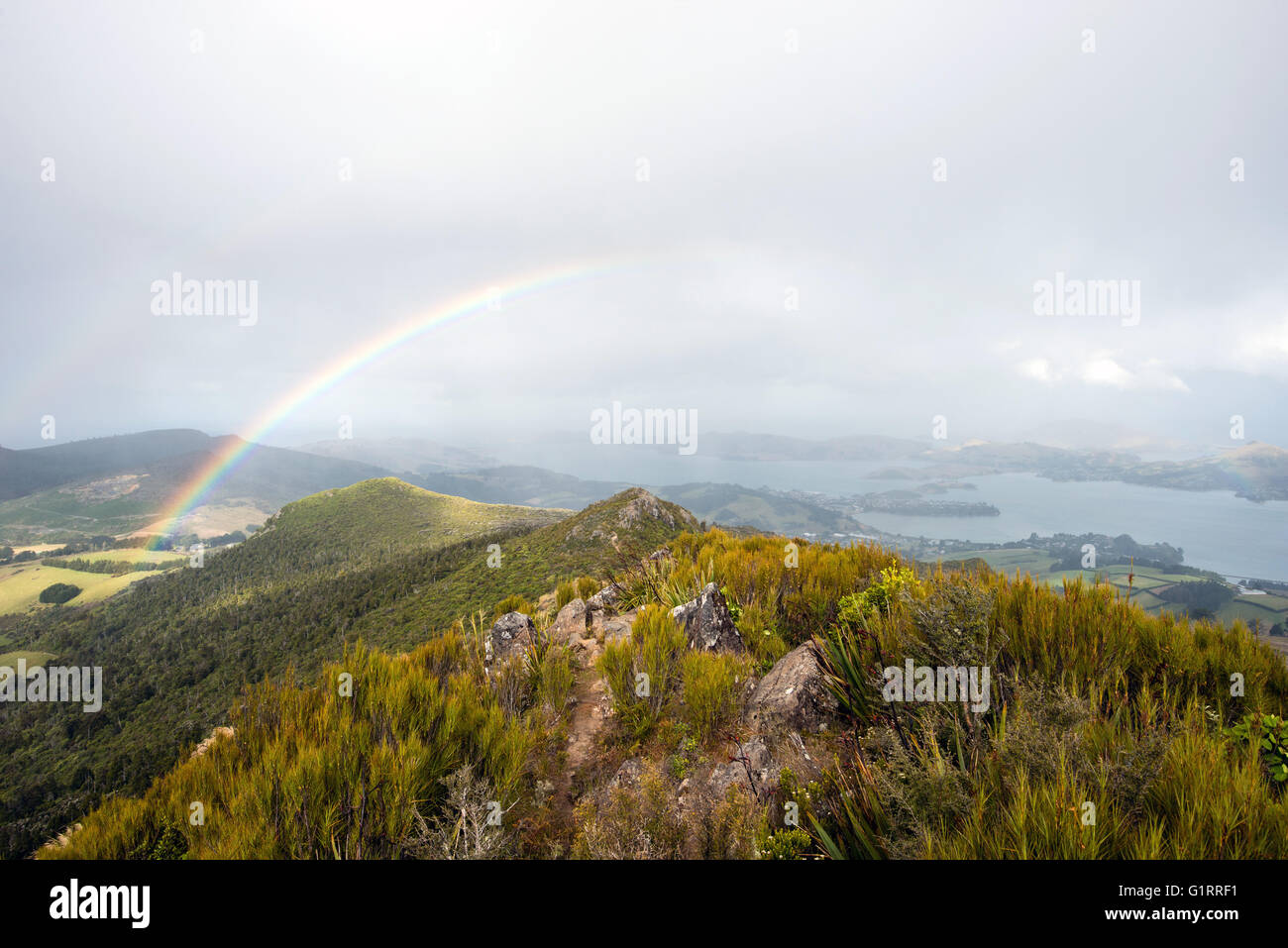 Regenbogen mit Otago Halbinsel Landschaft, Südinsel, Neuseeland Stockfoto