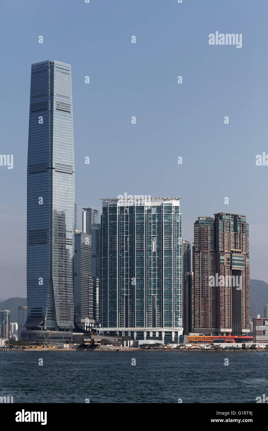 Wolkenkratzer International Commerce Centre, ICC, Wolkenkratzer der Harbourside, The Arch, Blick auf Harbour City, Union Square Stockfoto