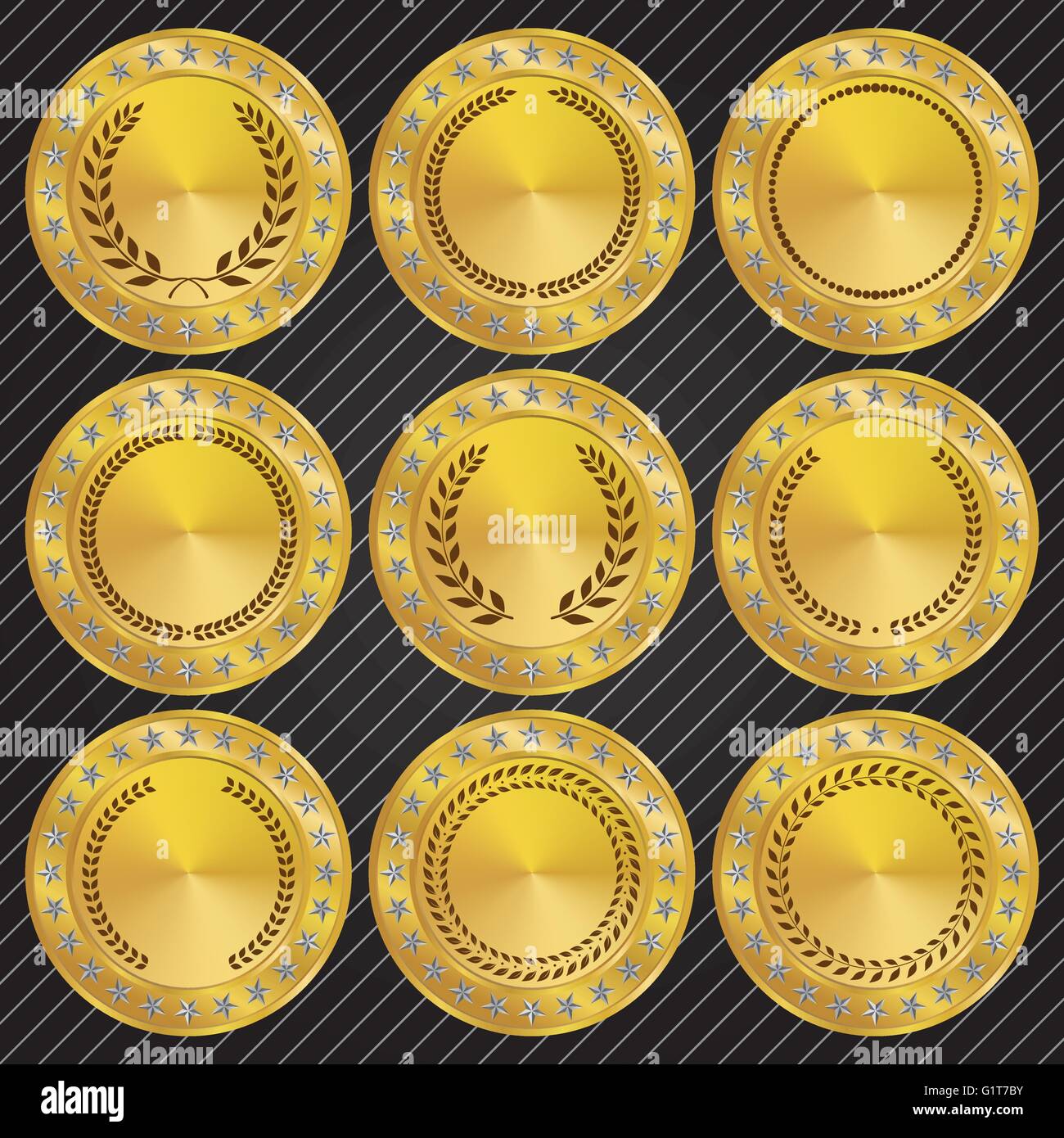 Goldene Medaillons und Medaillen mit Lorbeerkranz Sammlung Stock Vektor