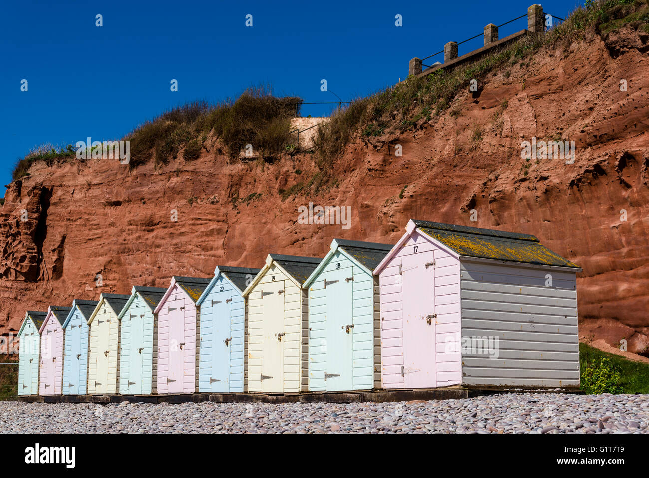 Budleigh Salterton, Strandhütten, East Devon, England, Vereinigtes Königreich Stockfoto