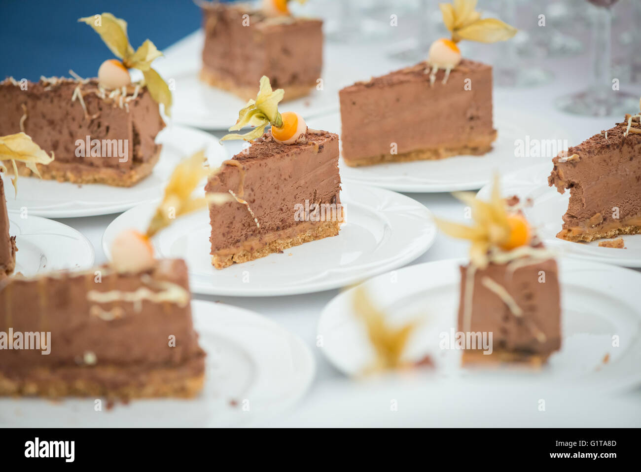 Eine Sammlung von Küchenchef zubereitet Schokoladendesserts, platziert auf einem Tisch, Landschaft-Format-Seitenverhältnis. Stockfoto