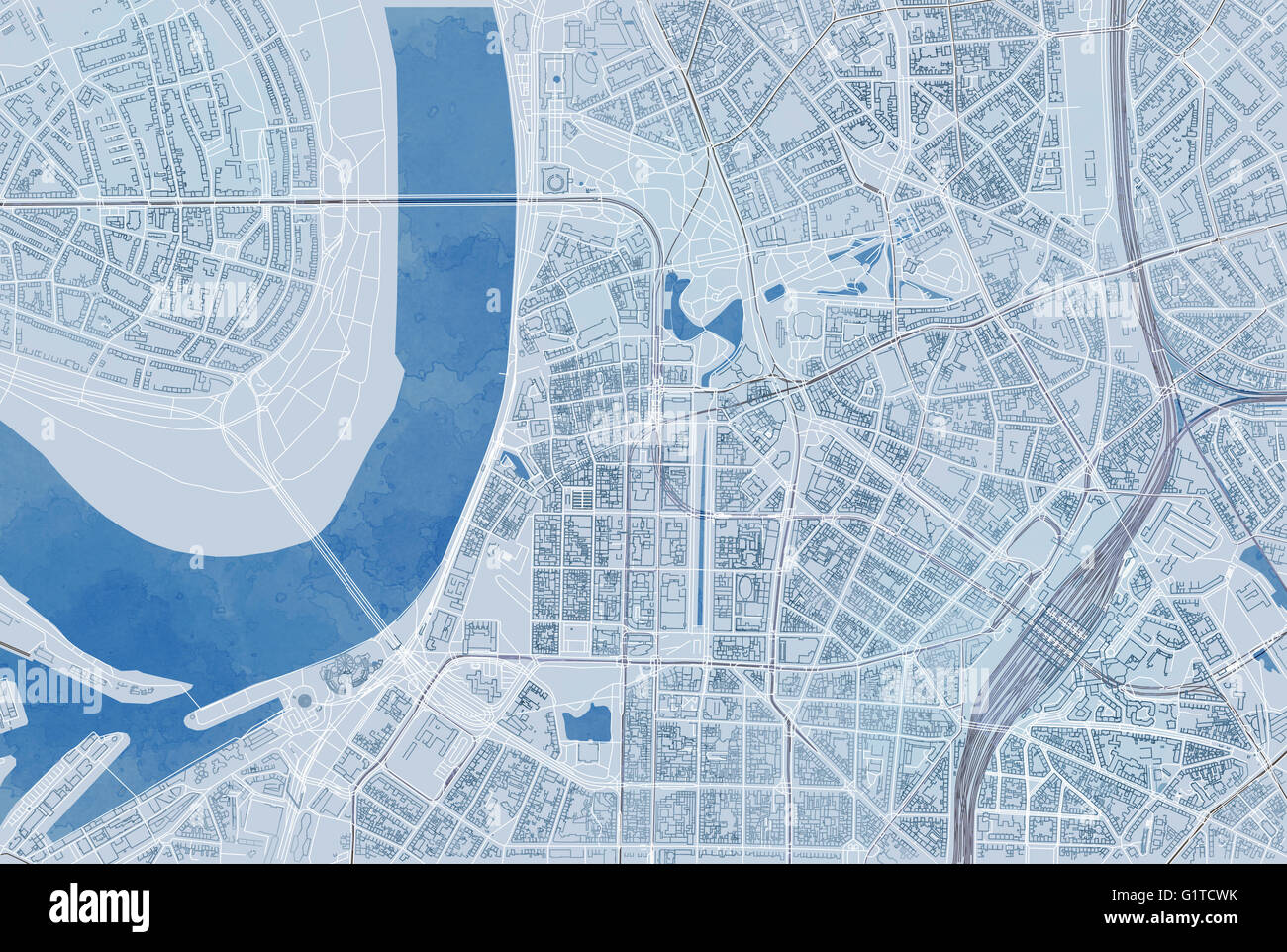 Karte von Düsseldorf, Satelliten-Ansicht, wie von Hand gezeichnet, Straßen und Paläste, Deutschland Stockfoto