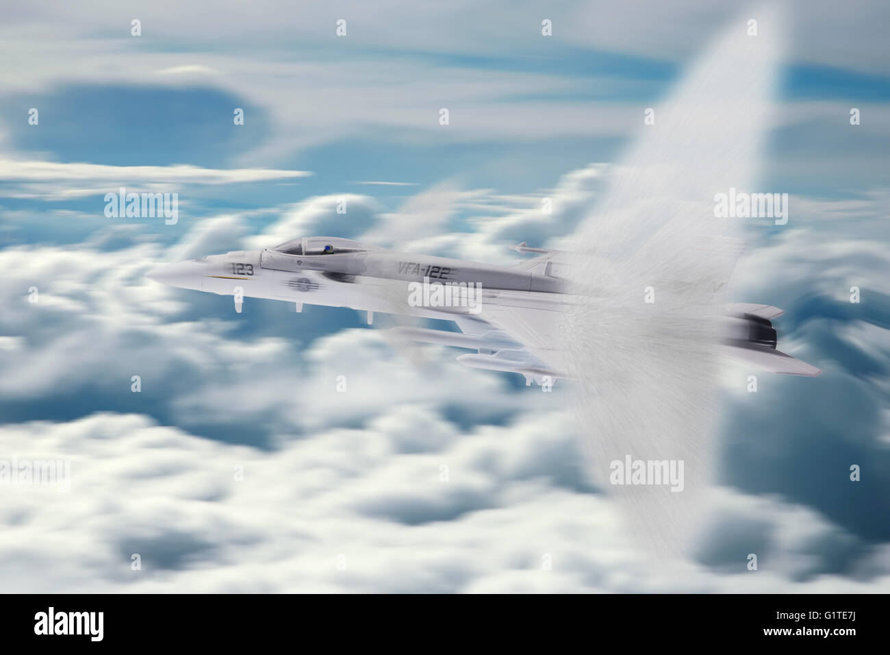 F22 Kämpfer Überschallknall Rakete Himmel Geschwindigkeit blaue Pause Durchbruch schnell Spielzeugmodell Stockfoto