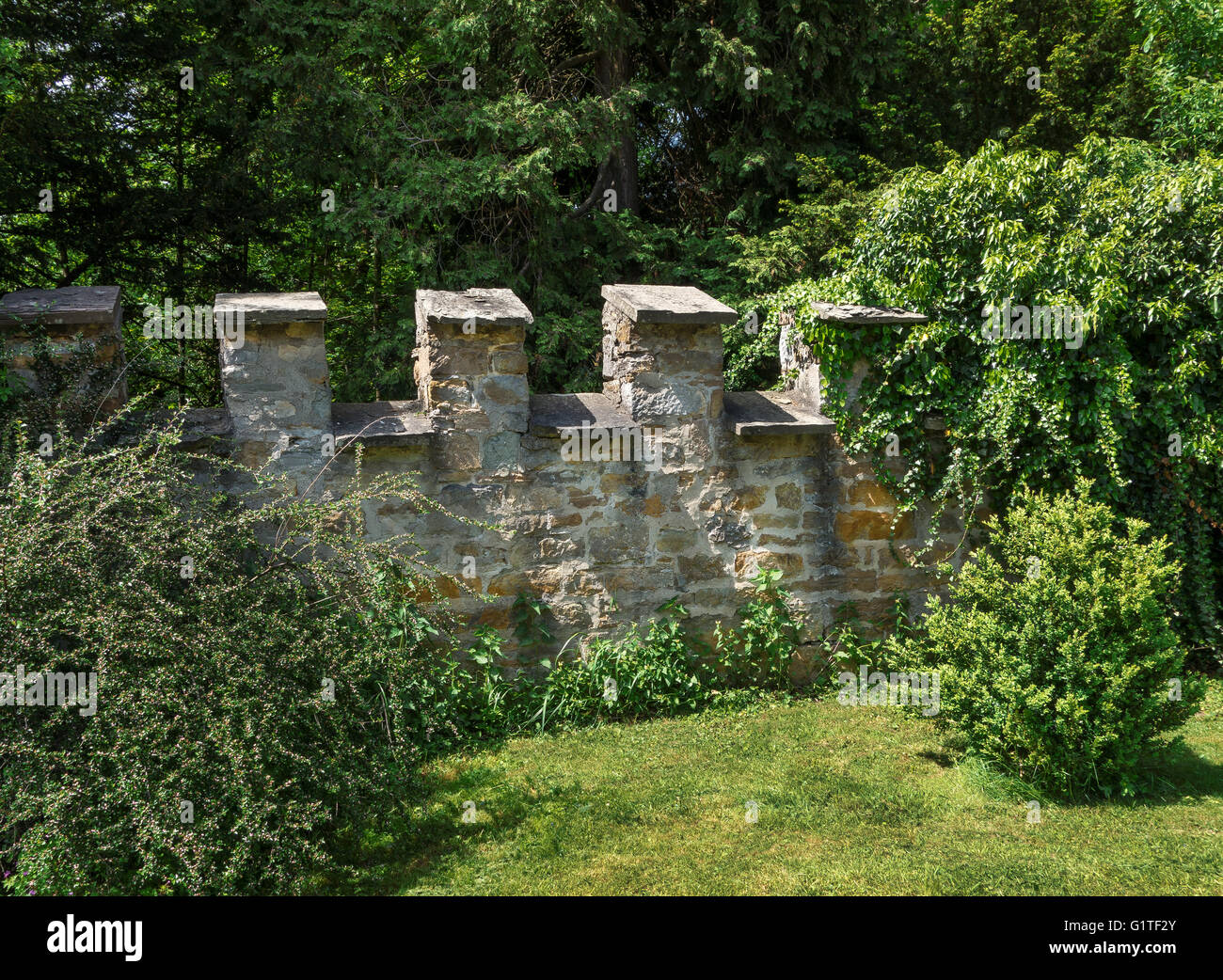 Burgmauer mit Zinnen in einem Garten Stockfoto