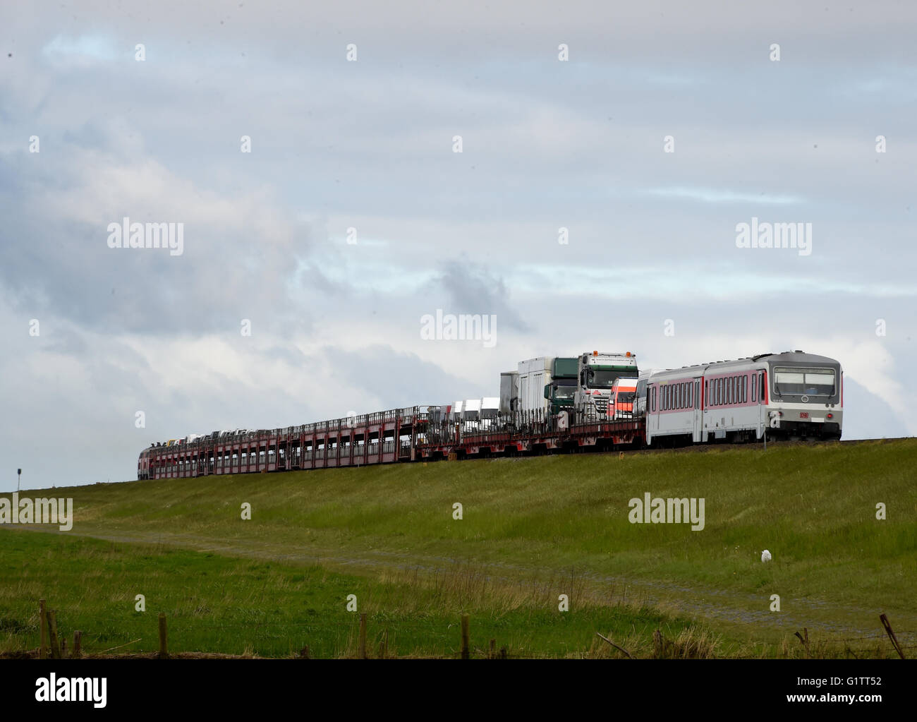 Klanxbuell, Deutschland. 17. Mai 2016. Eine Deutsche Bahn Auto-tragenden Zugfahrt entlang der Hindenburg-Damm zwischen Sylt und dem Festland in der Nähe von Klanxbuell, Deutschland, 17. Mai 2016. Foto: Carsten Rehder/Dpa/Alamy Live News Stockfoto