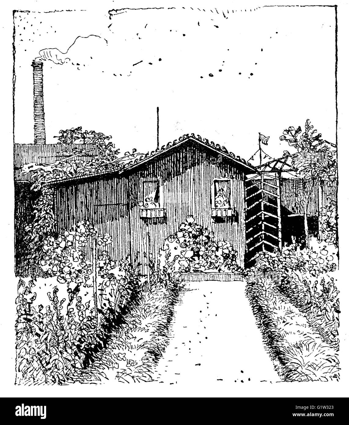 Vintage Illustration: kleines Holzhaus mit Garten inmitten der Stadt Stockfoto