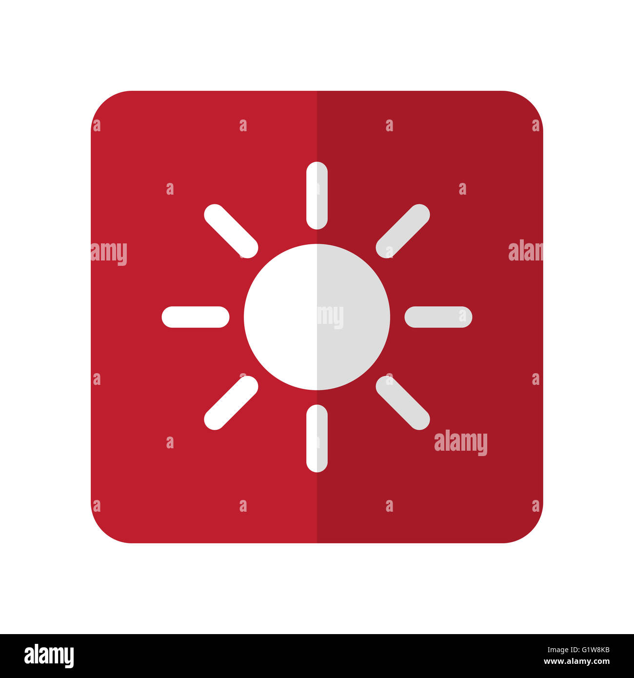 Weiße flache Sonnensymbol auf roten runden Platz auf weiß Stockfoto