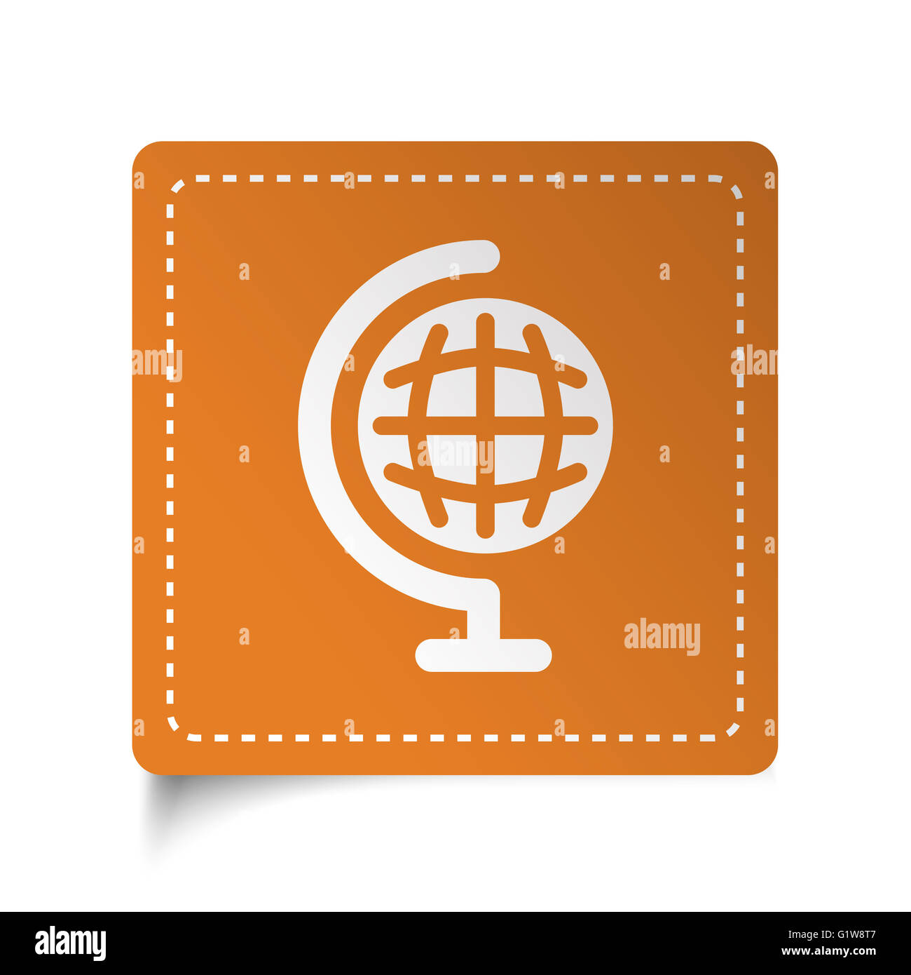 Weiße flache Erde Globussymbol auf orange Aufkleber Stockfoto