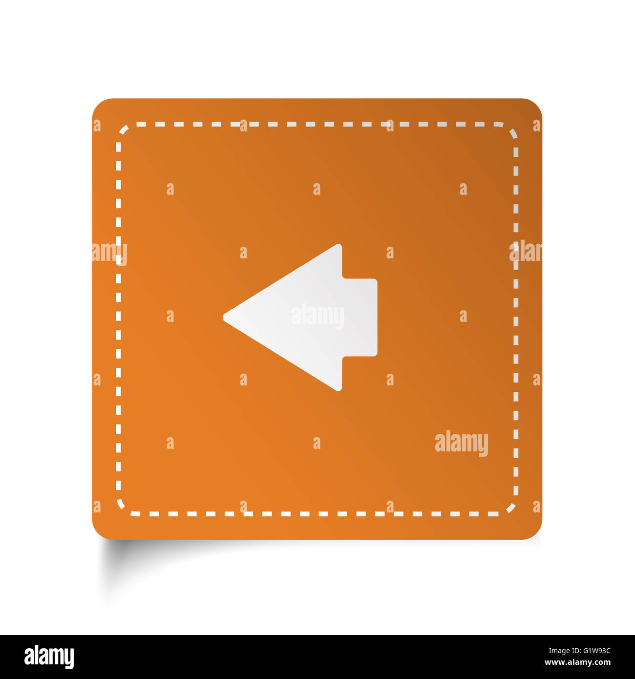 Weiße flache Pfeil links-Symbol auf orange Aufkleber Stockfoto
