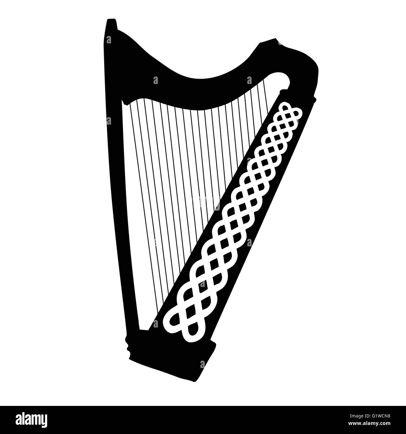 Silhouette der keltische Harfe mit Ornament isoliert auf weißem Hintergrund Stock Vektor
