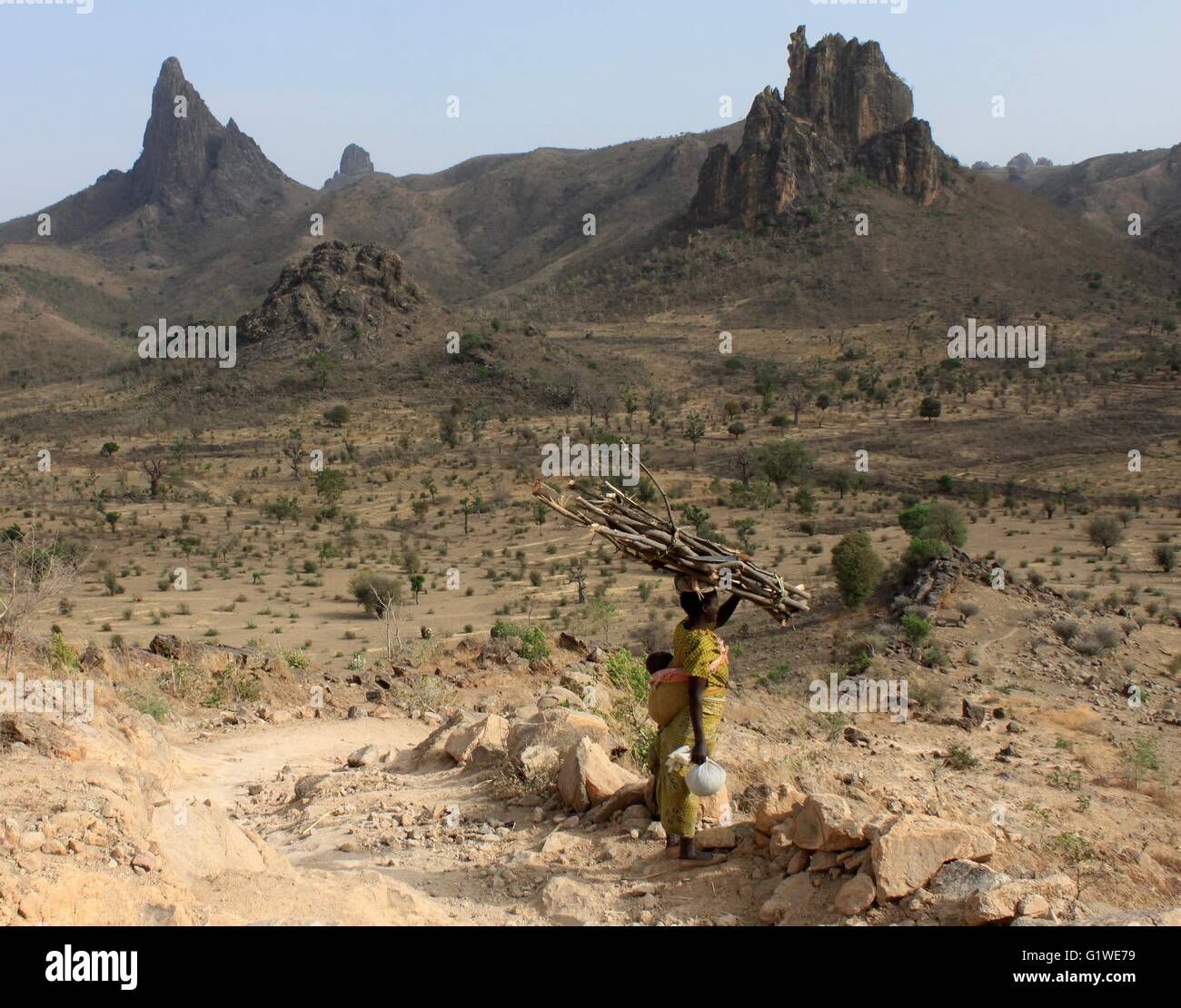 Eine Frau trägt Holz und ihr Baby in der Mandara Berge Region, nördlichen Kamerun (Noord-Extreme). Stockfoto