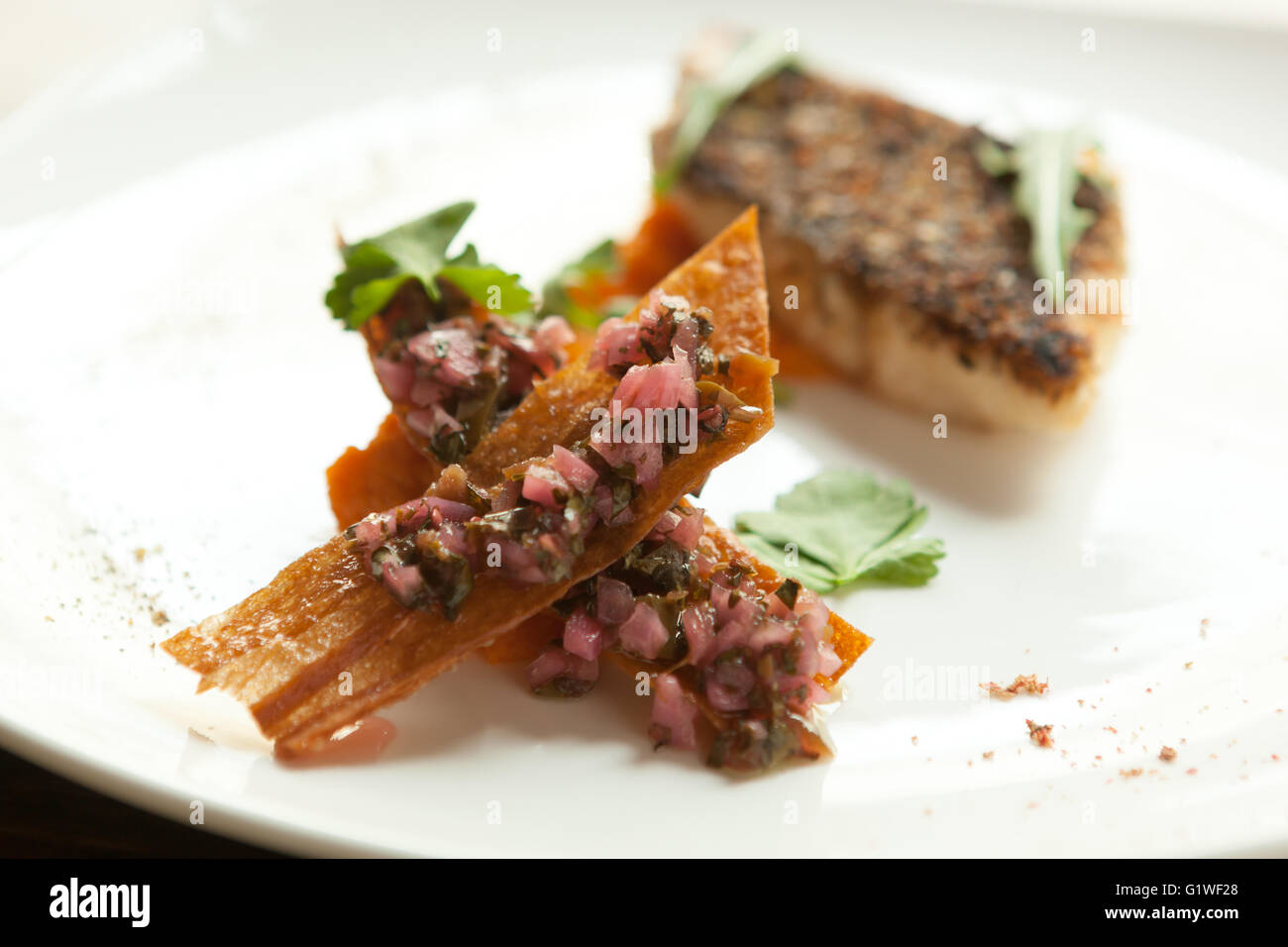 Zanderfilet mit Gemüse-Sauce und mexikanische Salsa gebratener Barsch-Filet mit Gemüse-Püree. Stockfoto