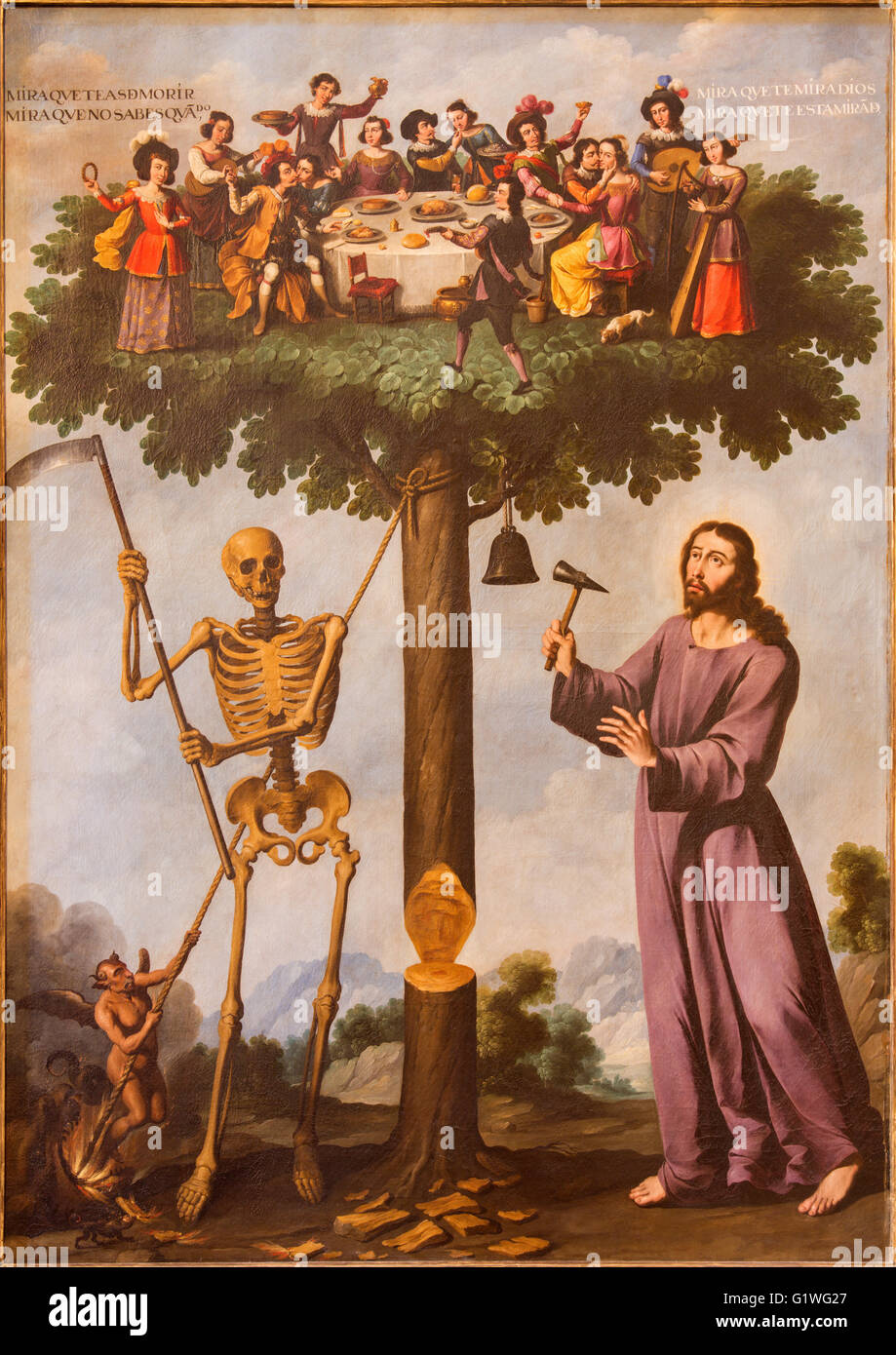 SEGOVIA, Spanien, APRIL - 14, 2016: Die symbolische Malerei von Jesus und den Tod (der Baum des Lebens) in Kathedrale Nuestra Stockfoto
