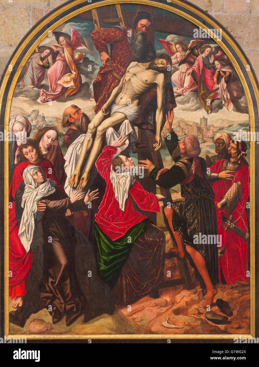 SEGOVIA, Spanien, APRIL - 14, 2016: Die Abscheidung der Cross Malerei in Kathedrale Nuestra, 16. Jahrhundert Stockfoto